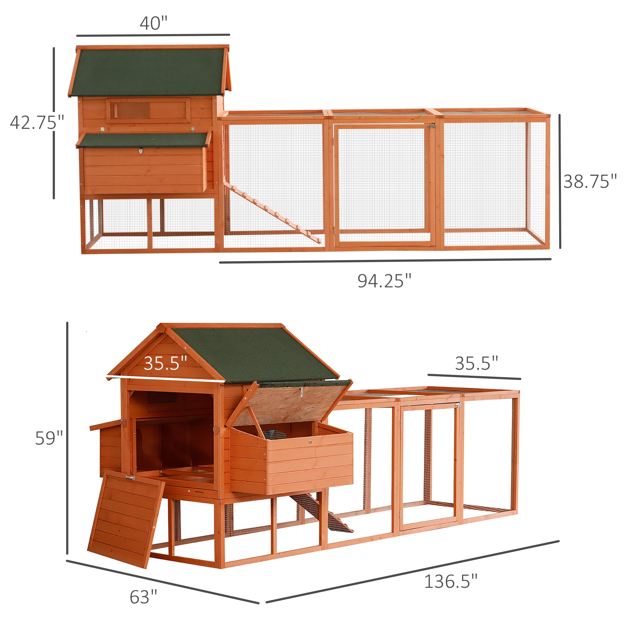 Gallinero de Madera de 136.5", Casa Grande para Gallinas, Conejera de Lujo, Jaula de Aves de Corral con Cerradura para el Patio, con Nido y Corral — imagen 8