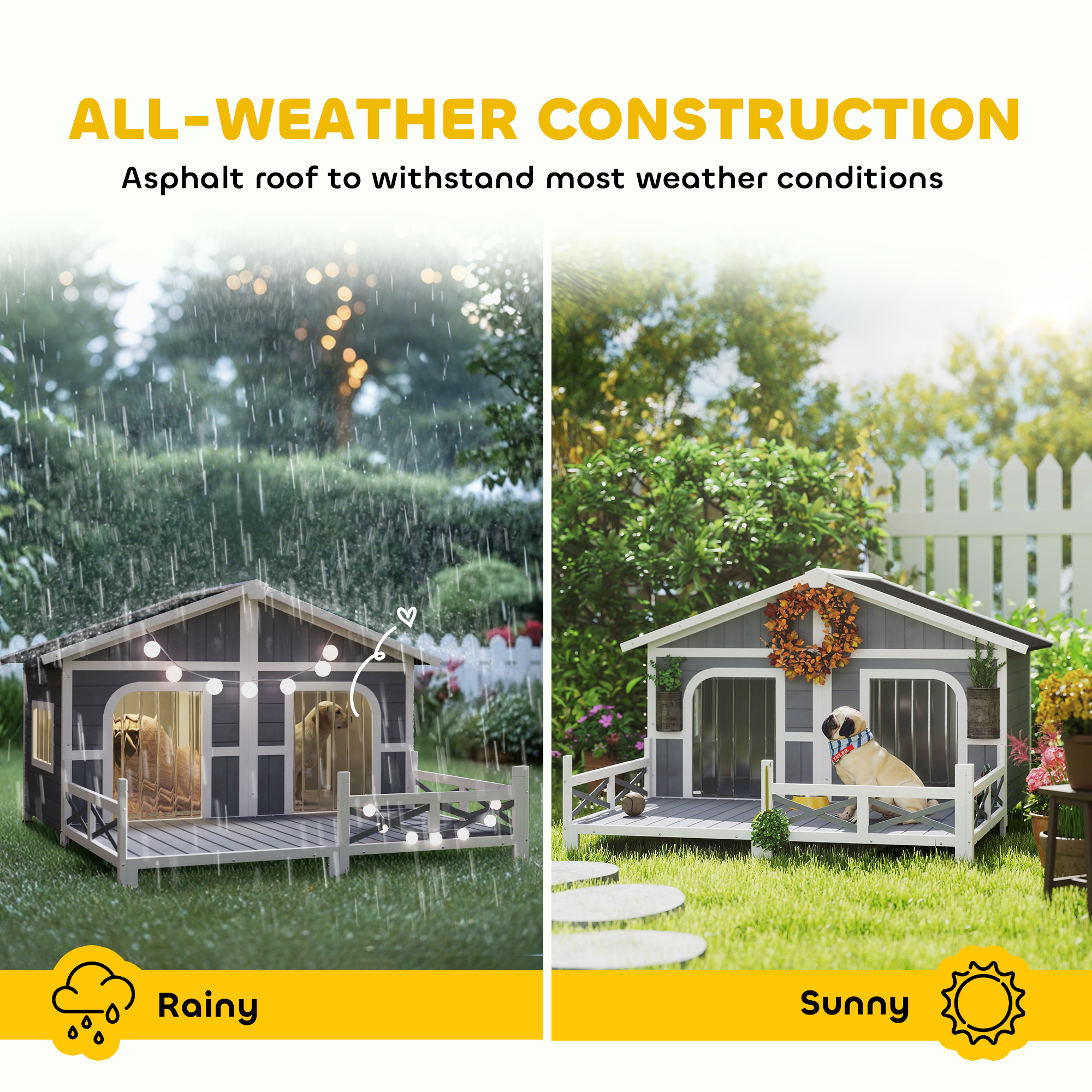Casa para Perros Exterior, Caja de Madera para Mascotas con Porche, Techo Abordable, Base Elevada y Habitación doble para 2 Razas Pequeñas a Medianas — imagen 2