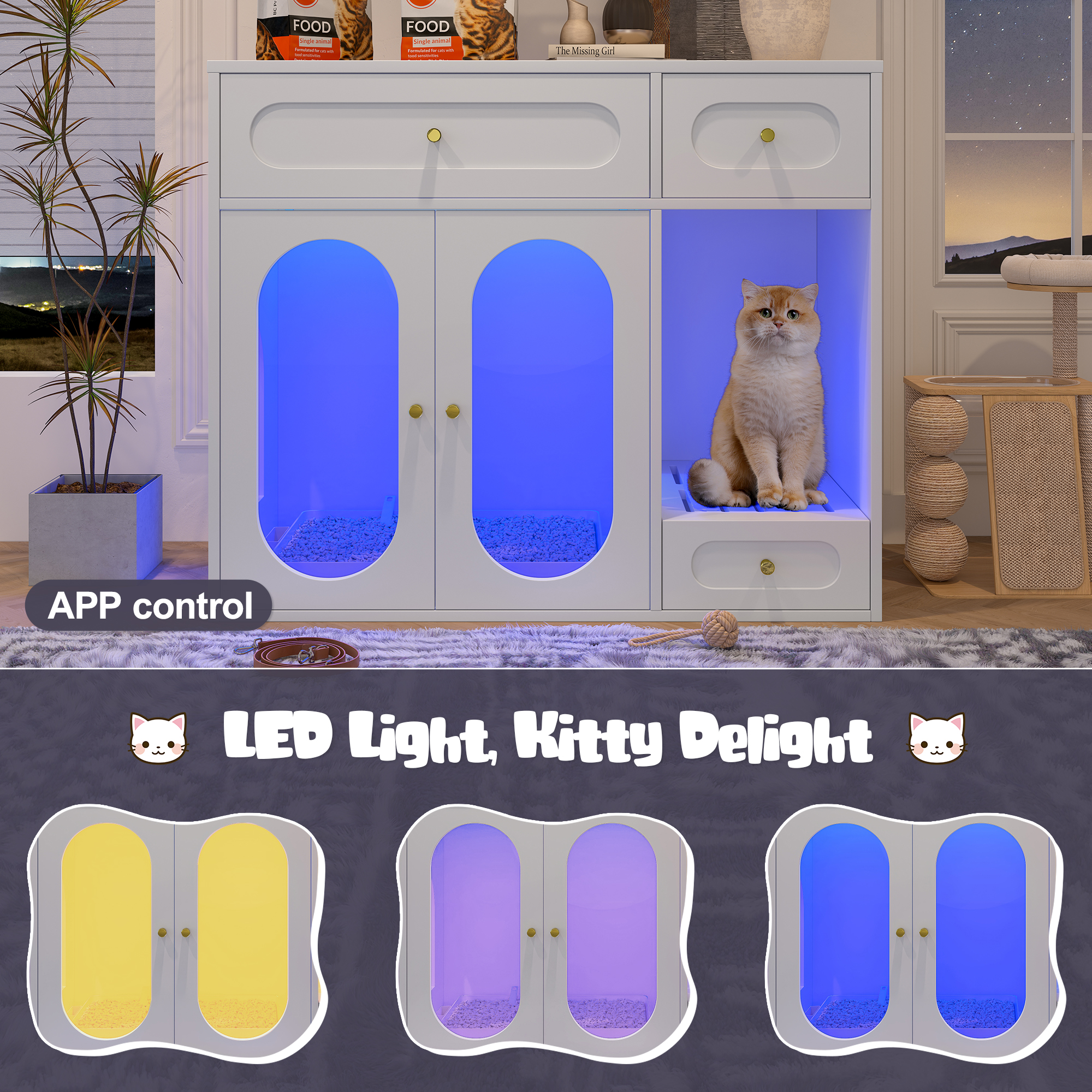 Caja de Limpieza para Gatos con Luz LED, Estante Oculto con Cajas de Almacenamiento, Adecuado para la Mayoría de las Cajas de Arena, Casa de Mascota Interior con Puertas Acrílicas, Mesa de Viva para Salón, Blanco — imagen 4