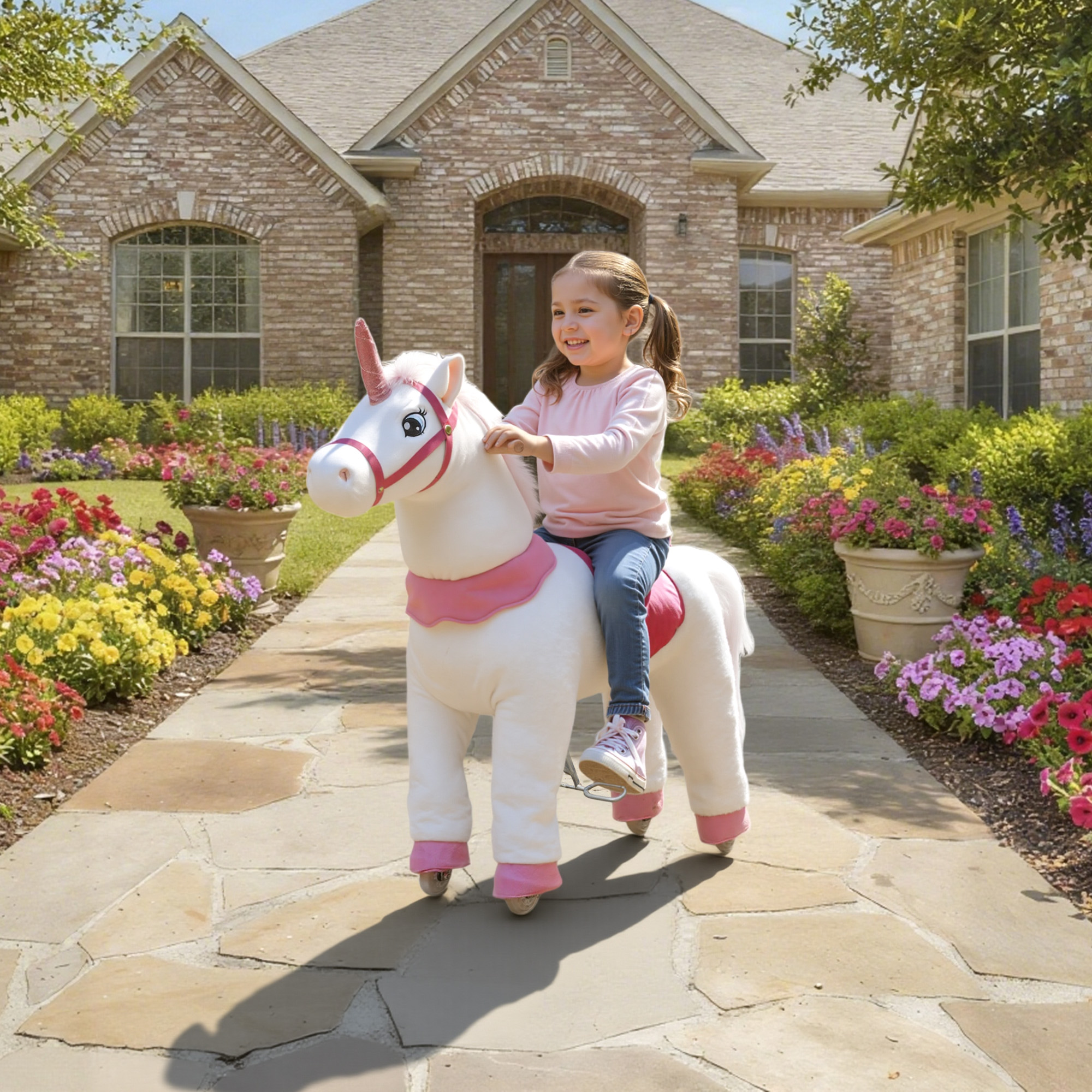 Ride on Unicorn Toy for Kids 4-7 Years, 37.8 Inch Plush Baby Rocking Horse with Wheels, No Battery Required, White — image 5