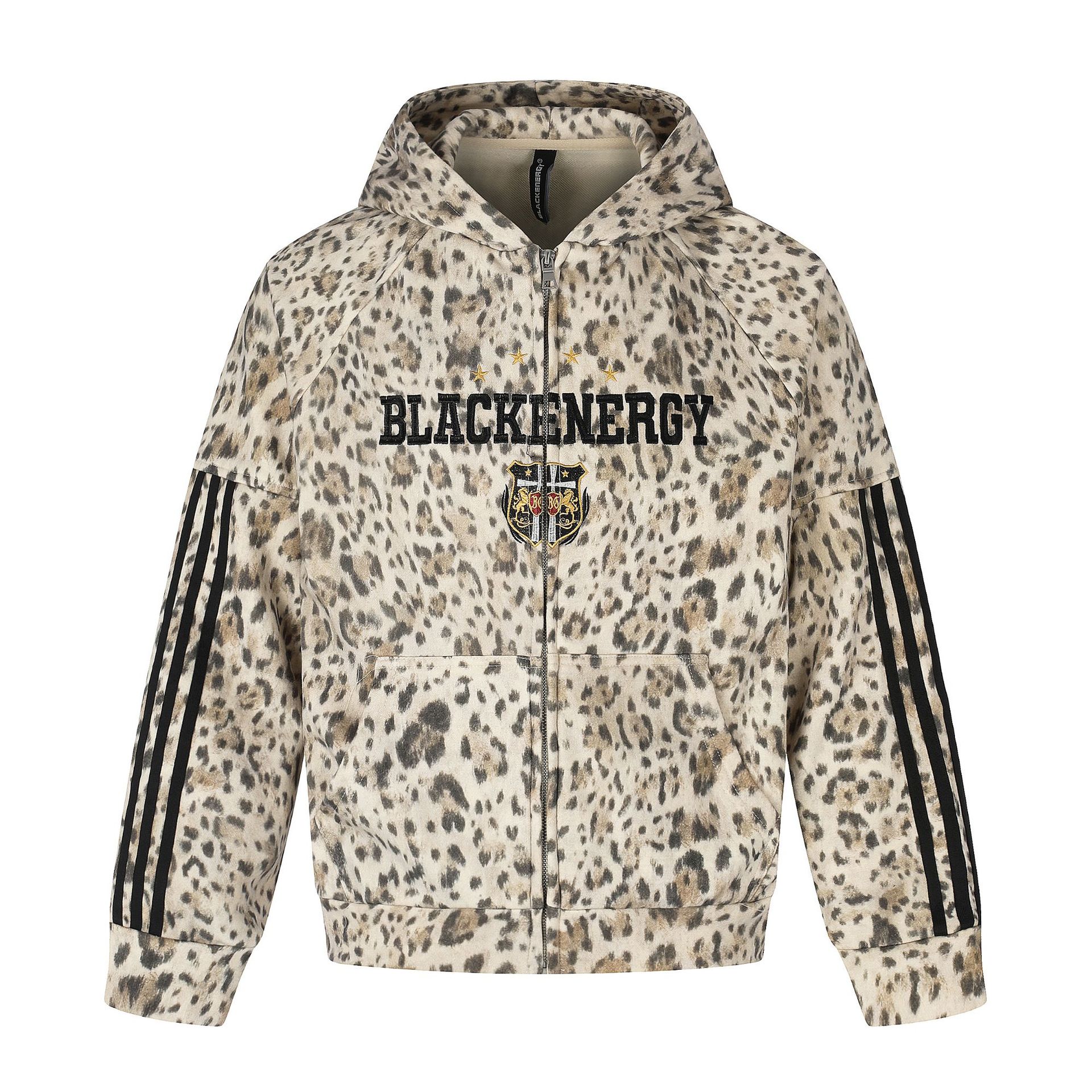All-Over Leopard Print Oversized Hooded Jacket with Raglan Striped Sleeves and Embroidery — image 2