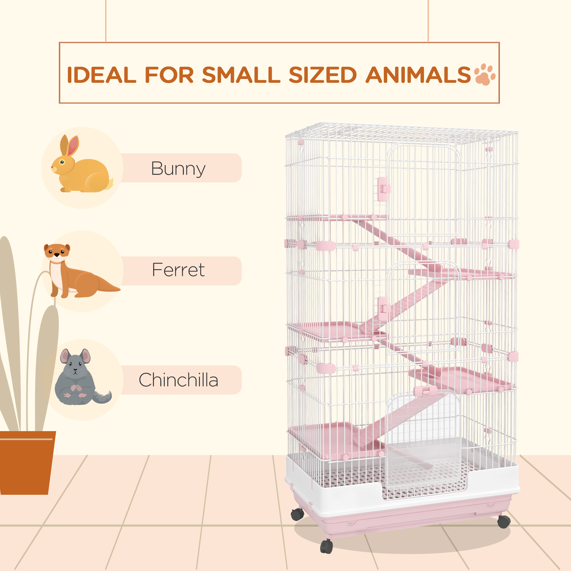 L 6-Level Small Animal Cage Rabbit Hutch with Universal Lockable Wheels, Slide-out Tray for Bunny, Chinchillas, Ferret, Pink — imagen 4