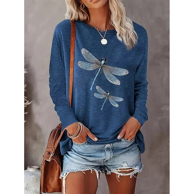 Women's Dragonfly Print Crew Neck T-Shirt, Casual Long Sleeve Top For Spring & Fall — image 8