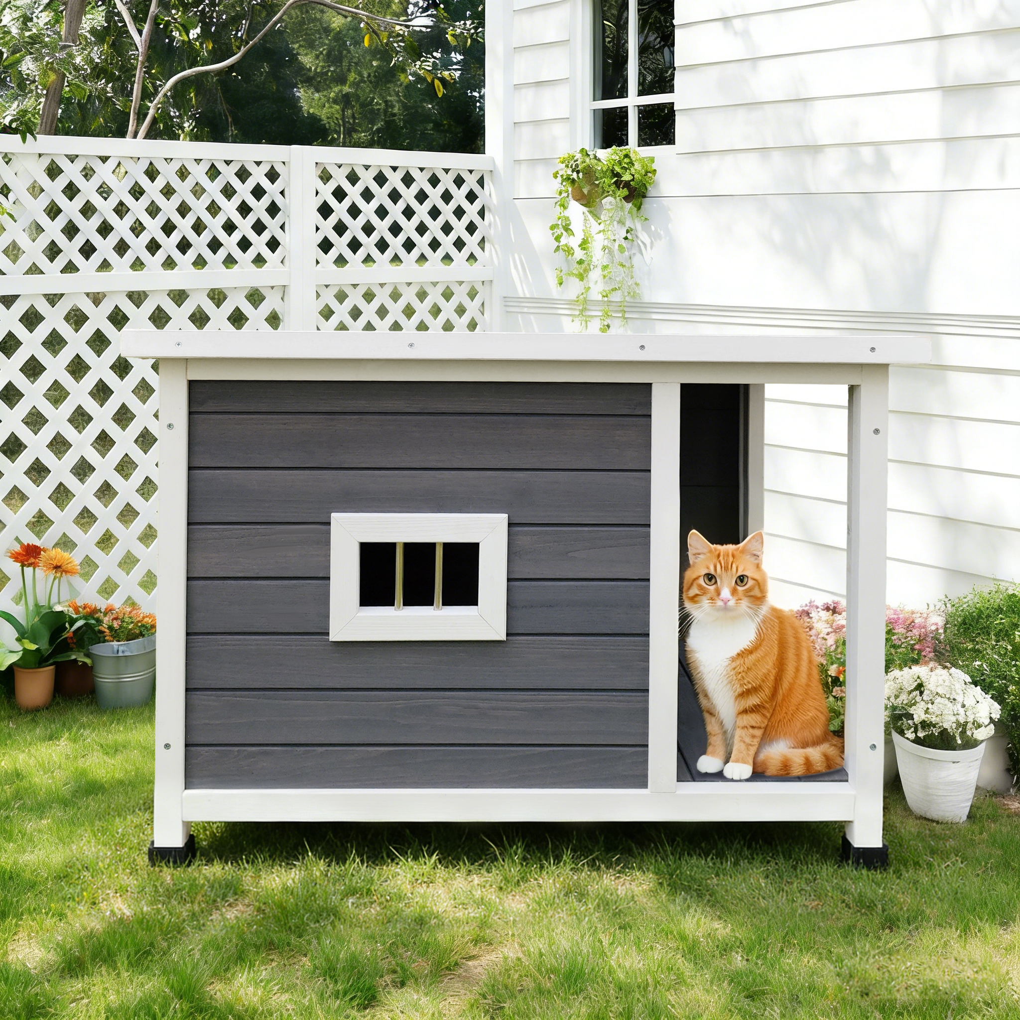 Casa de Gato Exterior Gris con Techo Impermeable, Ventanas Ventiladas y Soporte Metálico Resistente - Un Albergue Espacioso y Elegante para Mascotas — imagen 1