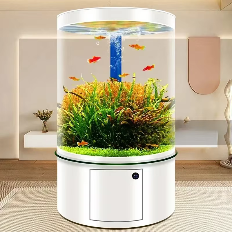 Tanque de Acuario de Vidrio Cilíndrico para Salón o Piso Completo con Filtro en el Fondos — imagen 1