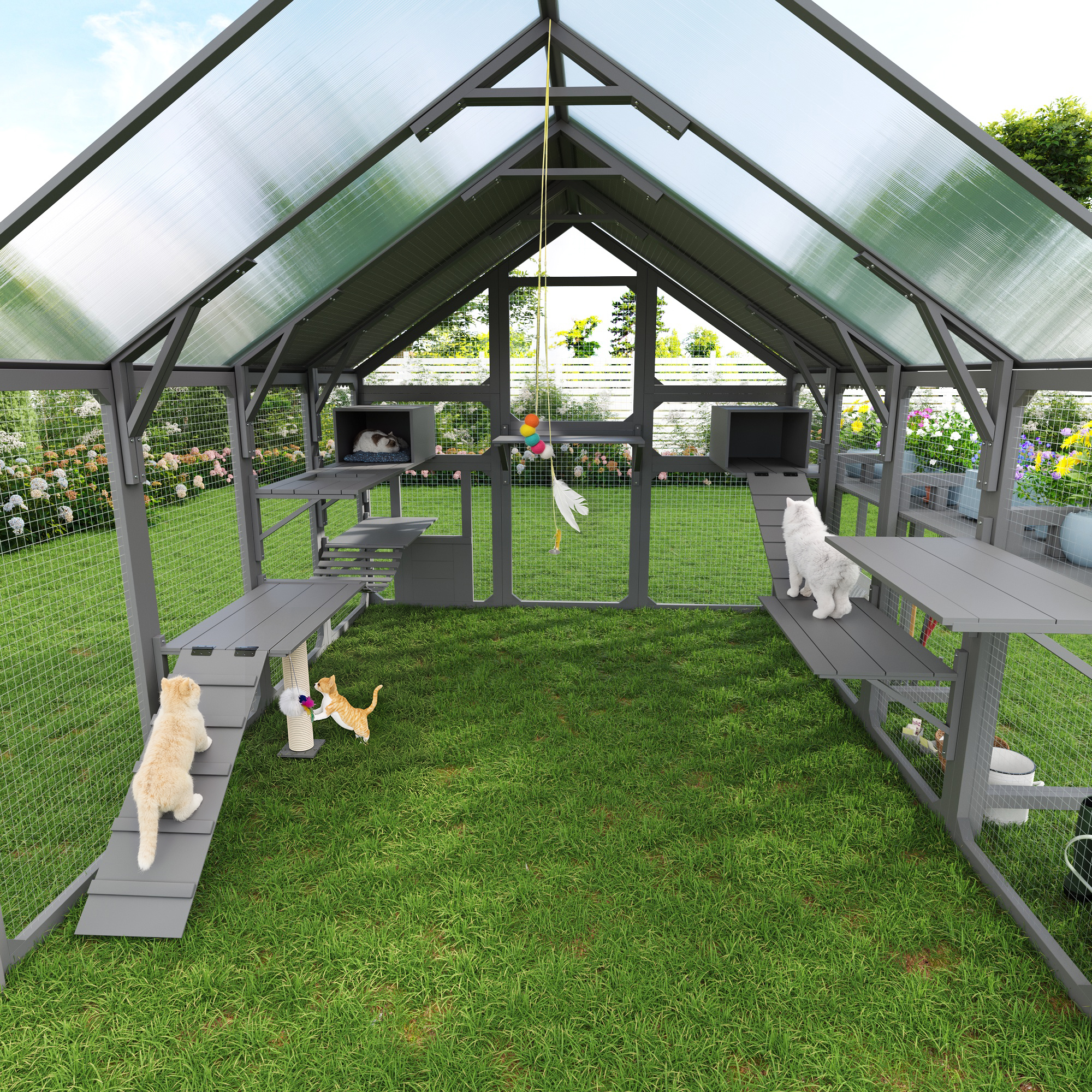 Casa Exterior para Gatos Grande con Plataforma de Maceta, Encierro de Madera para Gatos con Cajas de Descanso para Varios Gatitos, Puente Suspendido, Plataformas, Catio Accesible con Cubierta Impermeable, Gris — imagen 2