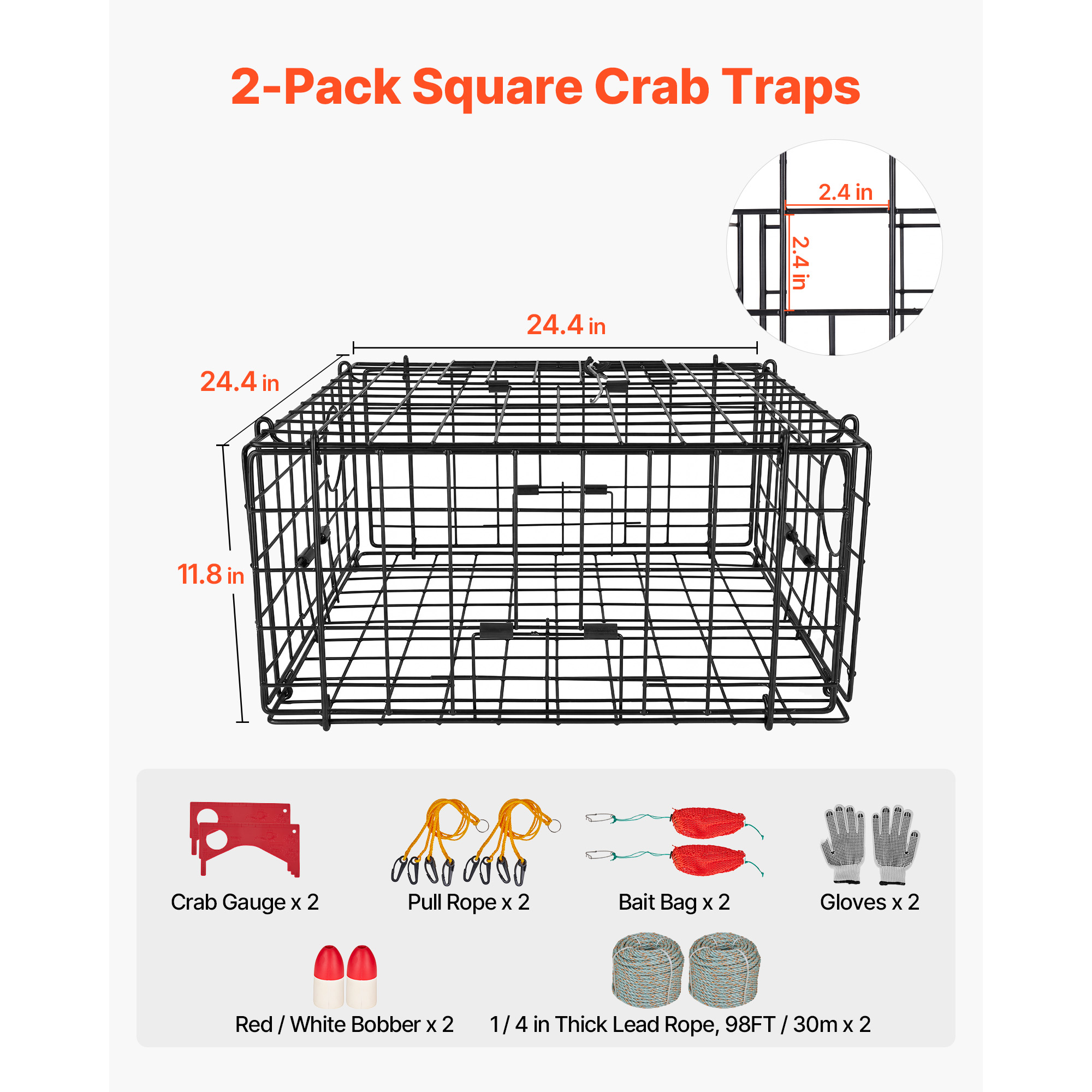 Crab Trap, 2 Packs, 24.4x24.4x11.8 Inch Heavy Duty Large Crab Pot Trap For Dungeness, Black PVC Coated Wire Mesh For Stealth, With Gauge, Red White Float, 100ft Leaded Core Rope, And Gloves — image 4