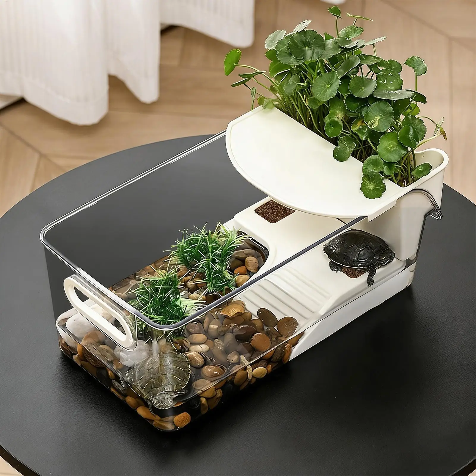 Turtle Tank with Basking Ramp Reptile Habitat Tank Resting Accessories for Amphibians Tortoises Feeding Container — image 1