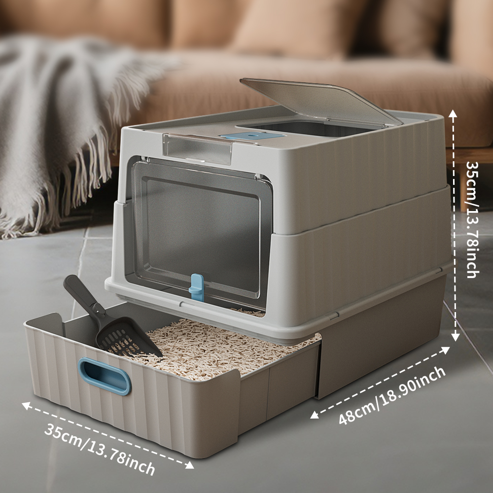Caja de Arena para Gatos con Acceso Doble y Cierre Total, Diseño Anti-Rastro en Entrada Superior, Espacio Ampliado para Orinar con Cuchara de Limpieza — imagen 7