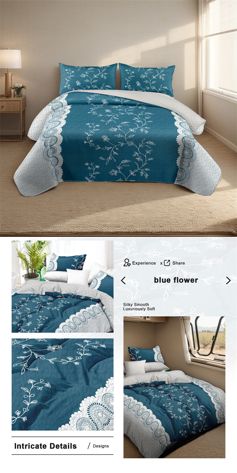 Colección de Edredón Floral Azul Turquesa 3 Piezas con Fundas de Almohadas Ajustadas, Diseño de 130 GSM Microfibra para Camas Fáciles de Limpiar y Amigables con Mascotas — imagen 11