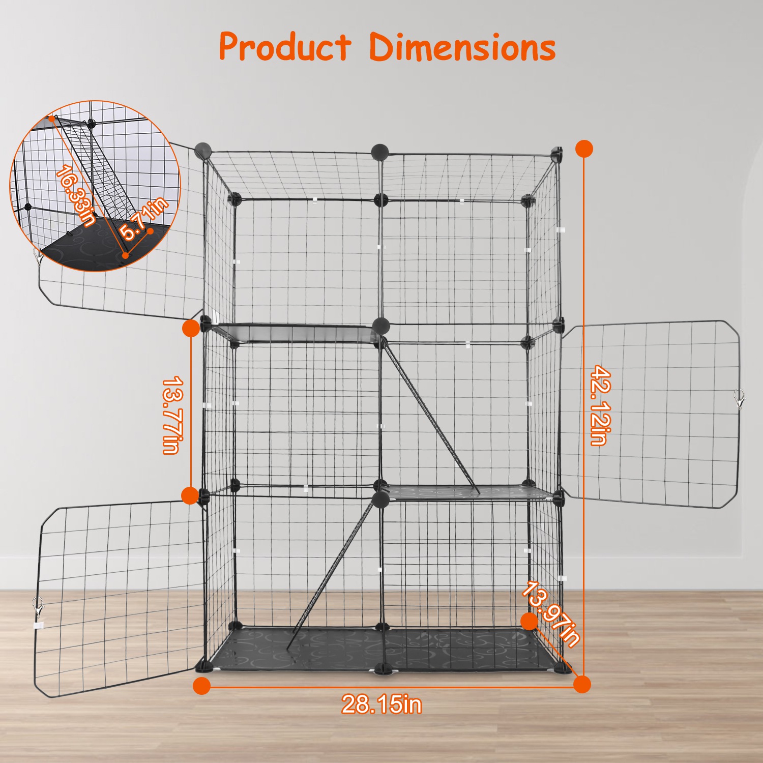 Jaula/Corral Metálico para Gatos de 3 Niveles, Casa Desmontable para Gatitos con 3 Puertas y 2 Escaleras, Amplio Espacio de Ejercicio para 1-2 Gatos, Negro — imagen 4