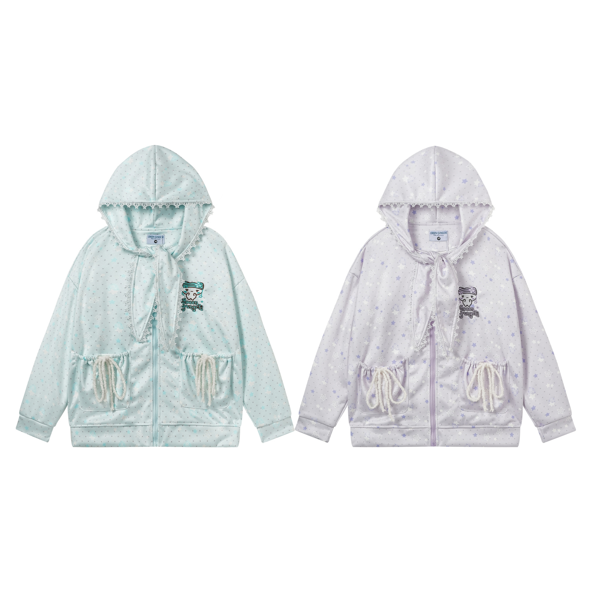 Star Print Hooded Cardigan with Lace Trim and Bunny Ear Drawstring Embroidery Sweet Style Jacket — image 5