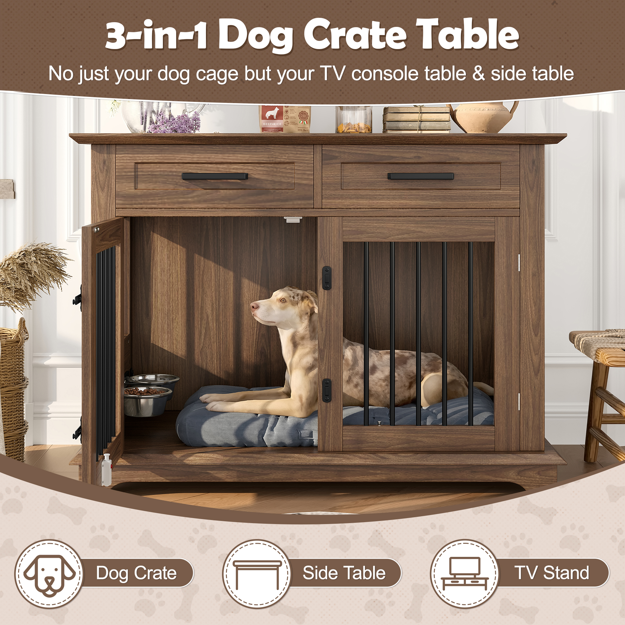 44.48 Large Dog Crate Furniture, Indoor Wooden Dog Kennel End Table With 2 Storage Drawers And Rotating Bowls, Decorative Pet Cage Dog House For Medium Dogs, Brown — image 3