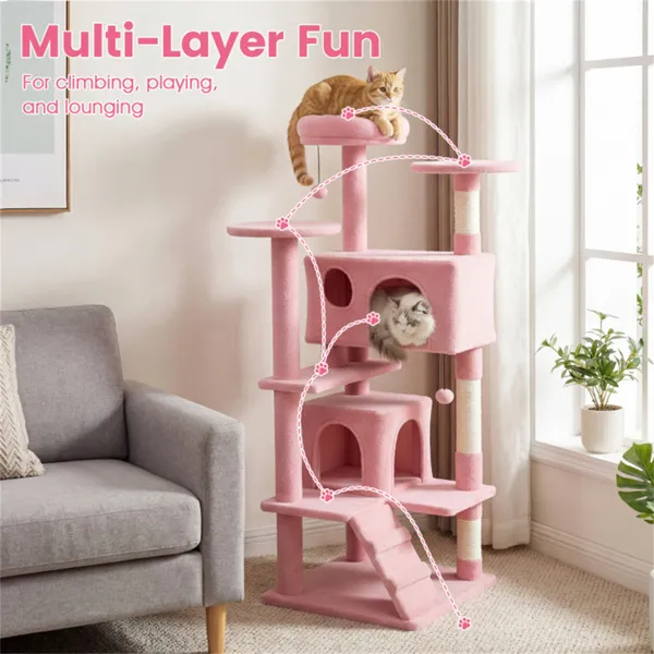52" Tall Cat Tree Tower With Perches & Condos, Multi-Cat Playground With Scratching Posts (Pink) — image 5