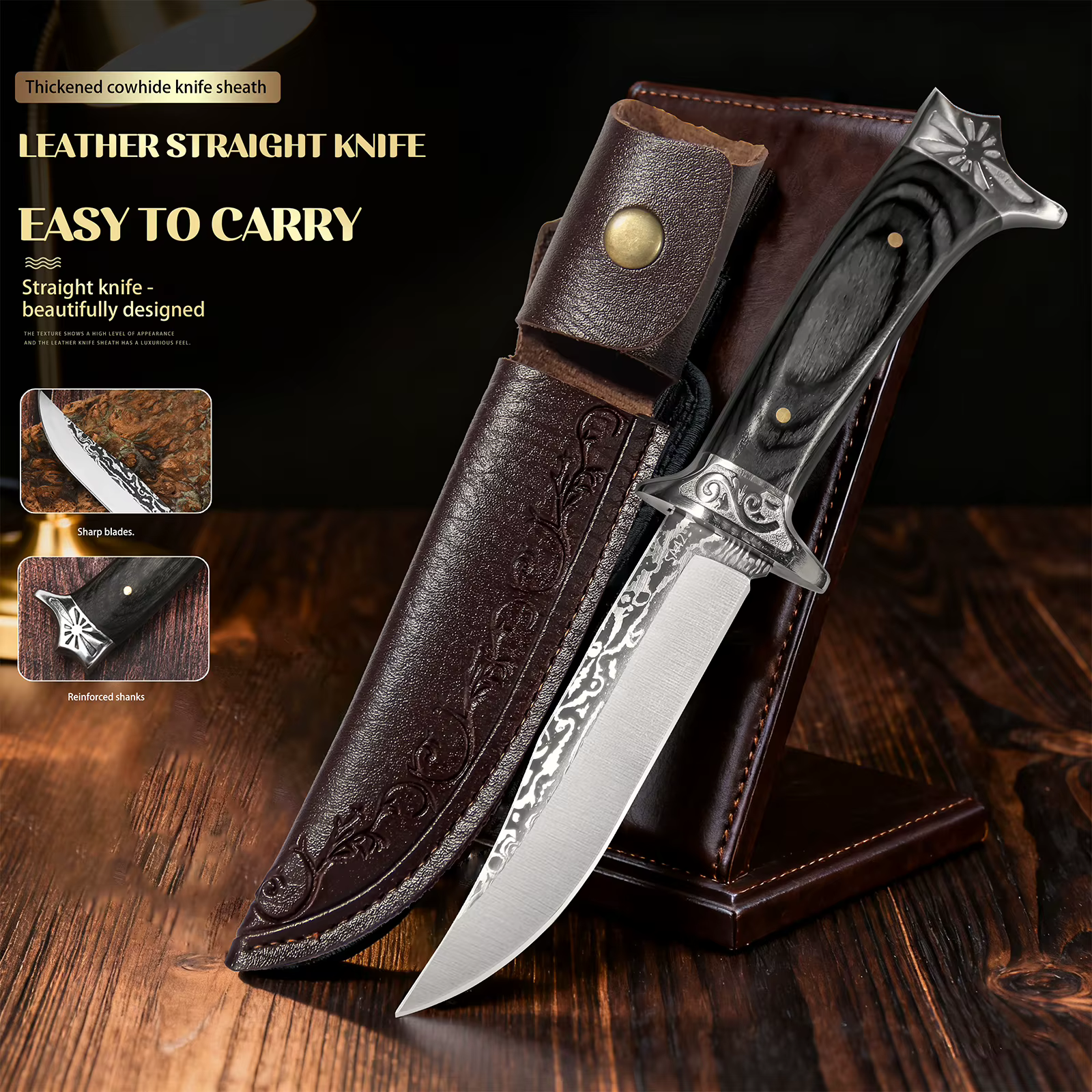 Fixed Blade Hunting Knife with Leather Sheath Wood Handle Outdoor Camping Utility Knife Bowie Style Gift for Men — image 7