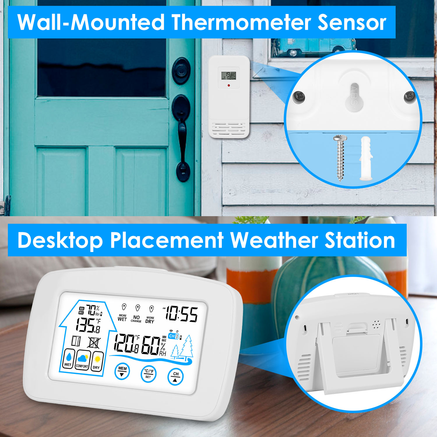 Wireless Weather Station With Clock 196FT Range Indoor Outdoor Thermometer Sensor Temperature And Humidity Monitor Humidity Forecast Battery Powered Backlight Display — image 2
