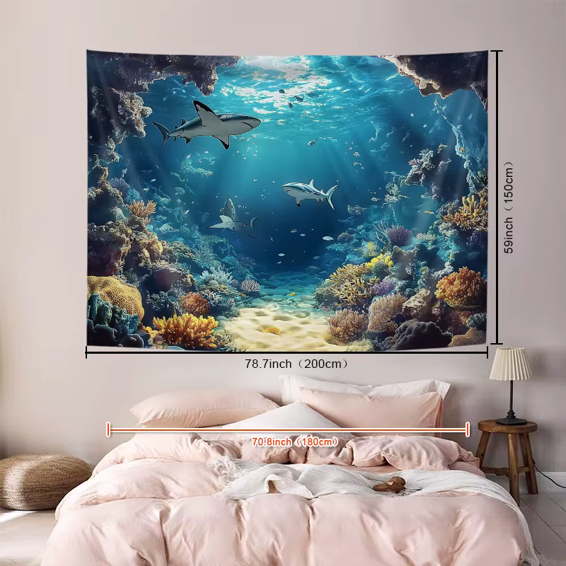 Underwater Ocean Wall Tapestry Shark Coral Reef Art Print Nature Decor For Bedroom Living Room Marine Theme Home Interior — image 4