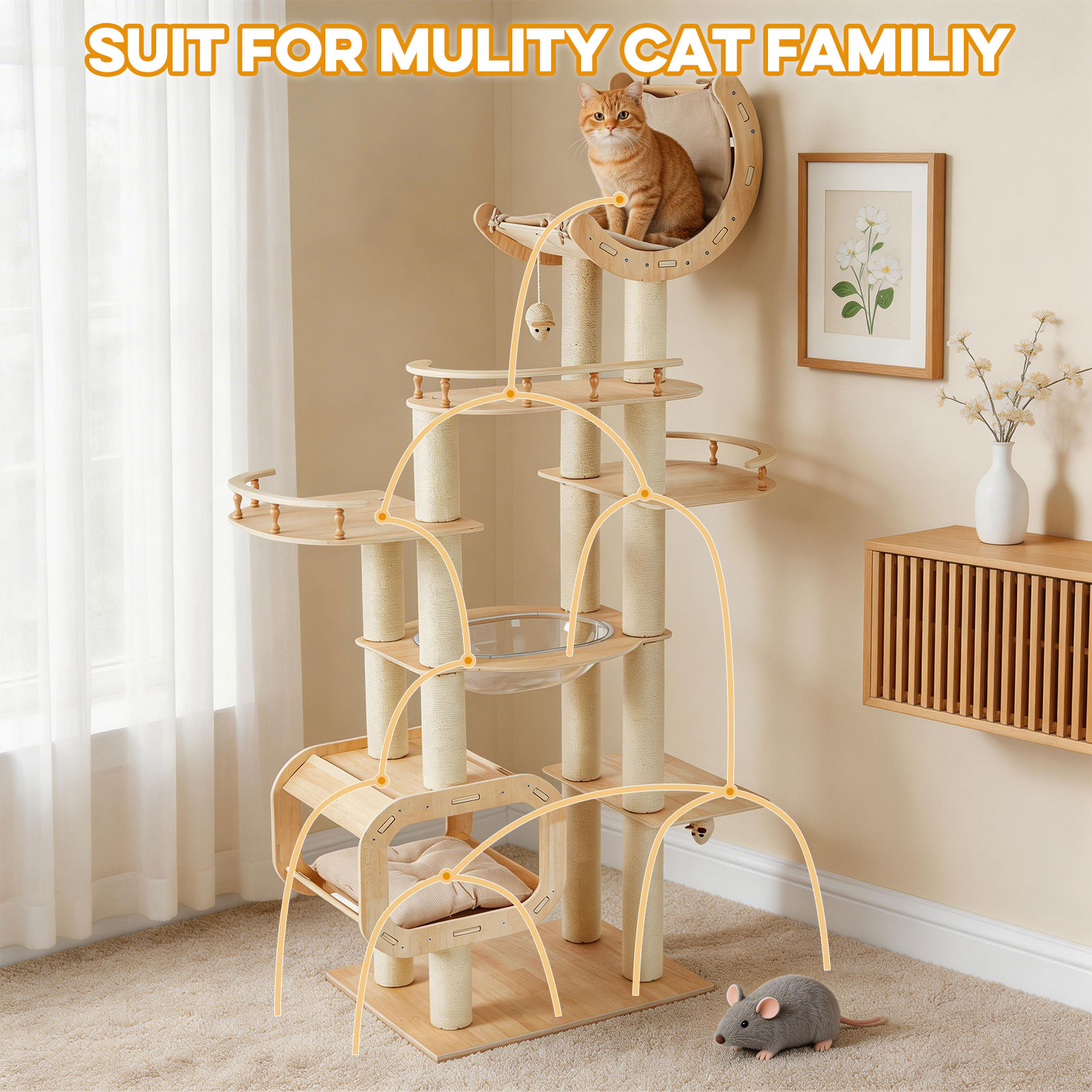 Heavy-Duty No-Drill Large Cat Tree-Solid Wood, 5-Story Multi-Column Cat Tower, 80.4in For Large Spaces & Multi-Cat Households, Open Condo, Space Capsule, Bed, Durable Indoor Pet Furniture — image 2