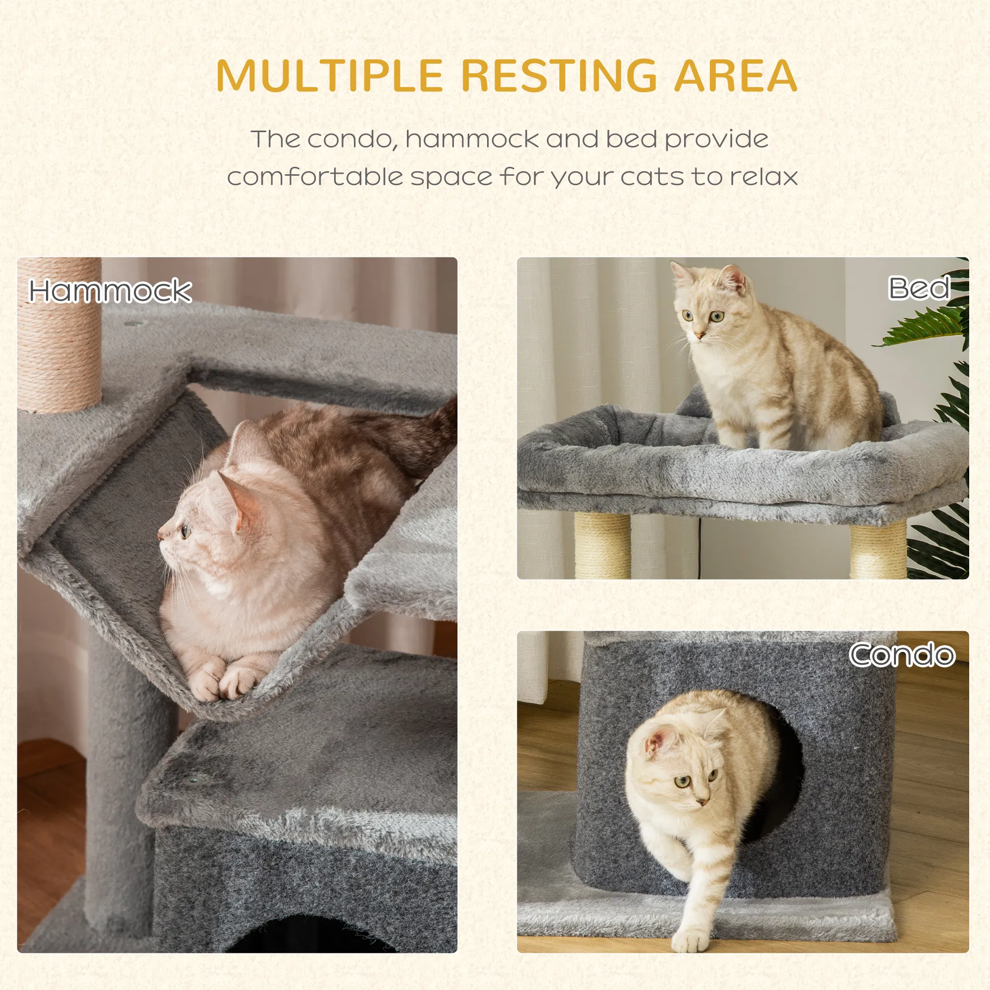 39.25'' Cat Tree Tower Multi-Level Kitten House with Scratching Post Condo Hammock Bed Ball Toy - Gray — image 5