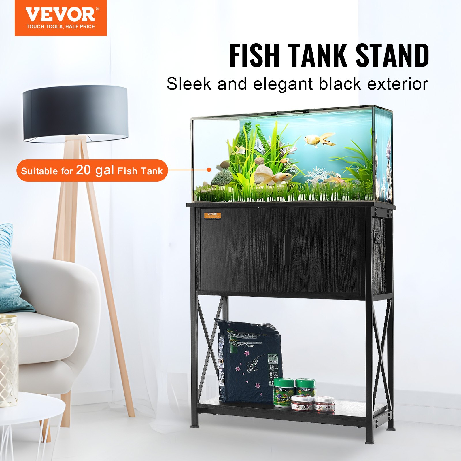 Aquarium Stand, 20 Gallon Fish Tank Stand, 25.6 X 16.5 X 31.9 In Steel And MDF Turtle Tank Stand, 167.6 Lbs Load Capacity, Reptile Tank Stand With Storage Cabinet And Embedded Power Panel, Black — imagen 2