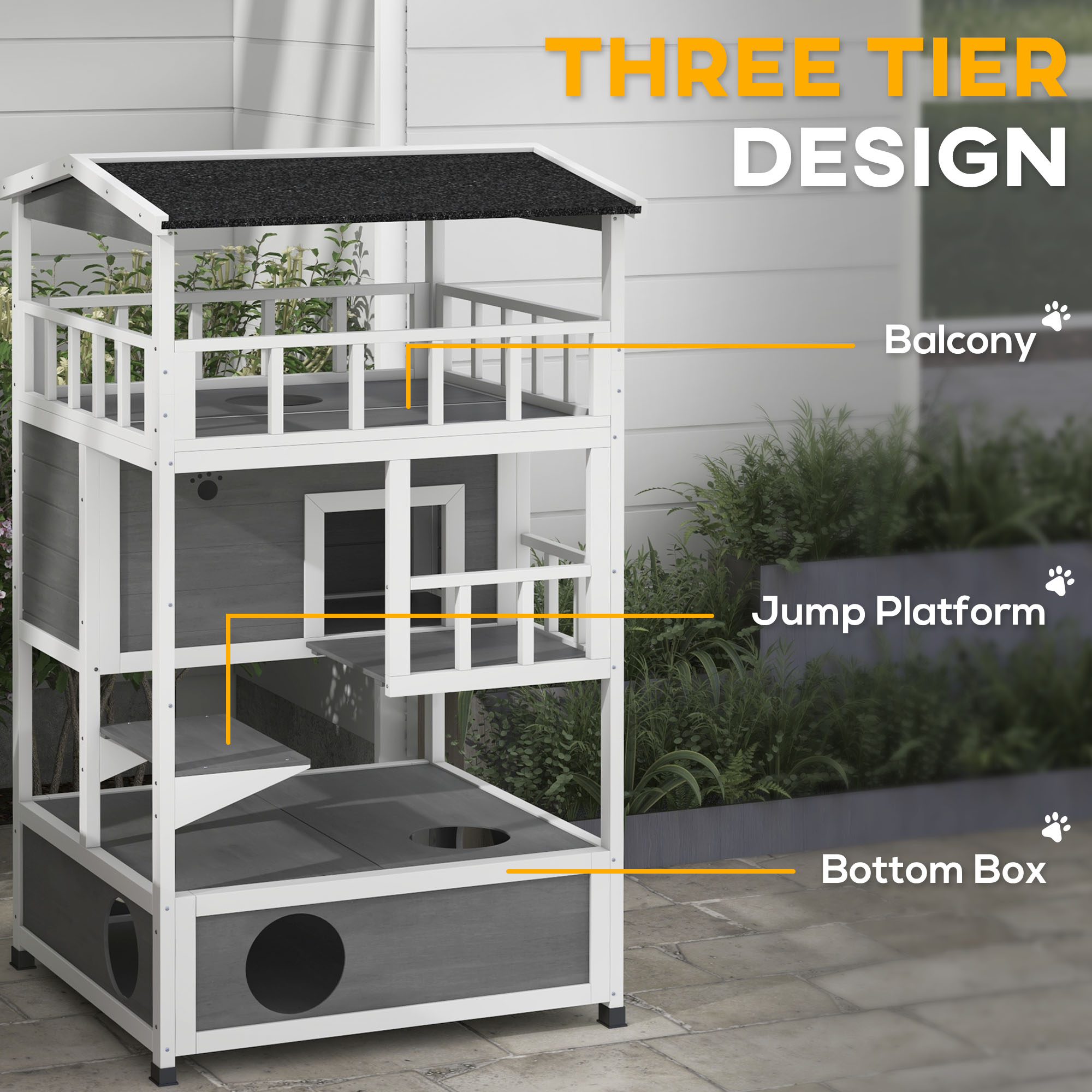 Wooden Outdoor Cat House with Asphalt Roof, Escape Doors, Condo, Jumping Platform, Light Gray — imagen 3
