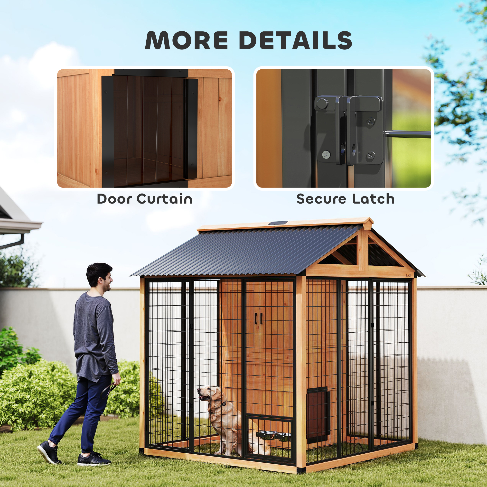 Casa para Perros Extra Grande de 7 x 6, Caseta de Madera para Exterior con Gabinete de Almacenamiento y Tazones de Acero Inoxidable, Amarillo Claro — imagen 6