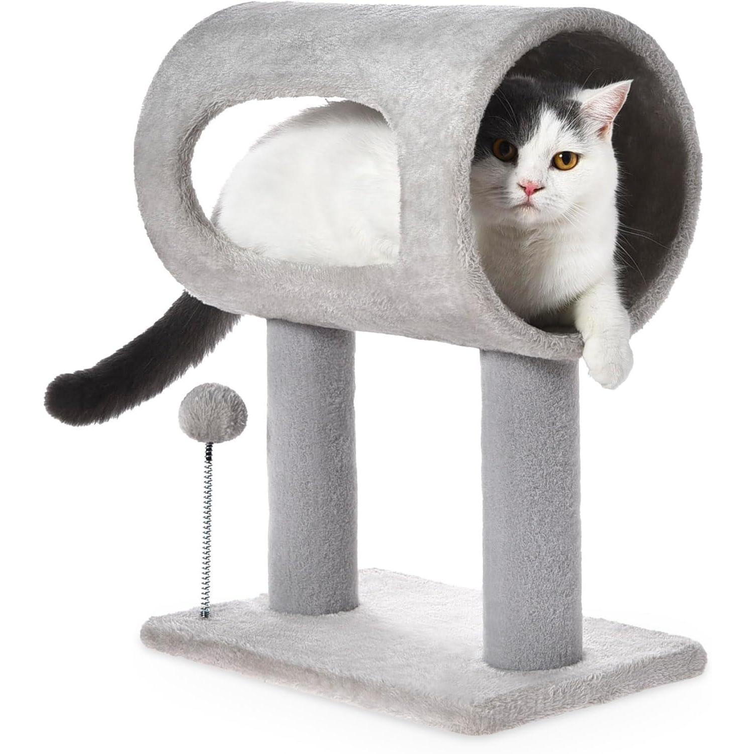 Gray Indoor Cat Tree With Hanging Ball 20.5Cat Tree With Tunnel Bed And Scratching Post Cat Tower — image 1