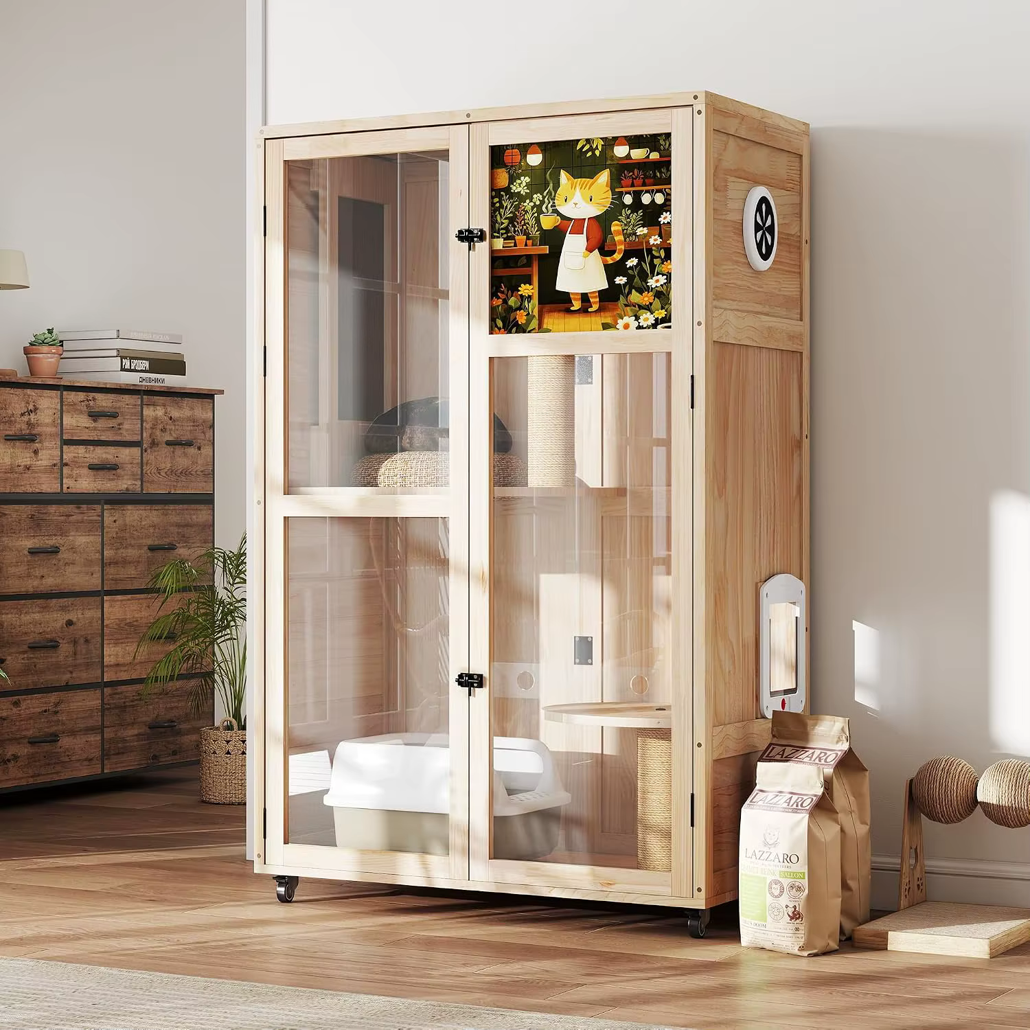 Large Wooden Cat House on Wheels, Indoor Cat Villa with Condo, Multi Platforms, Scratchers, Vent, Litter Box Area, Custom — image 1
