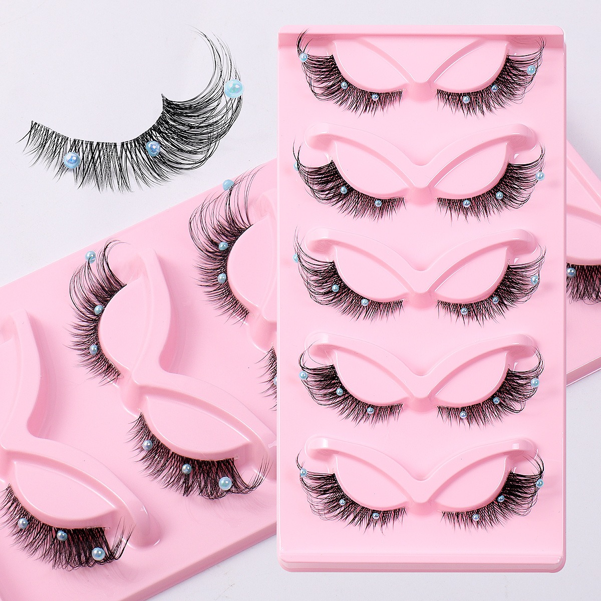 5 Pares de Pestañas Postizas en Racimo, Banda Transparente, Estilo Ojo de Gato Alado Estilizado 3D, Pestañas Dramáticas para Maquillaje — imagen 5