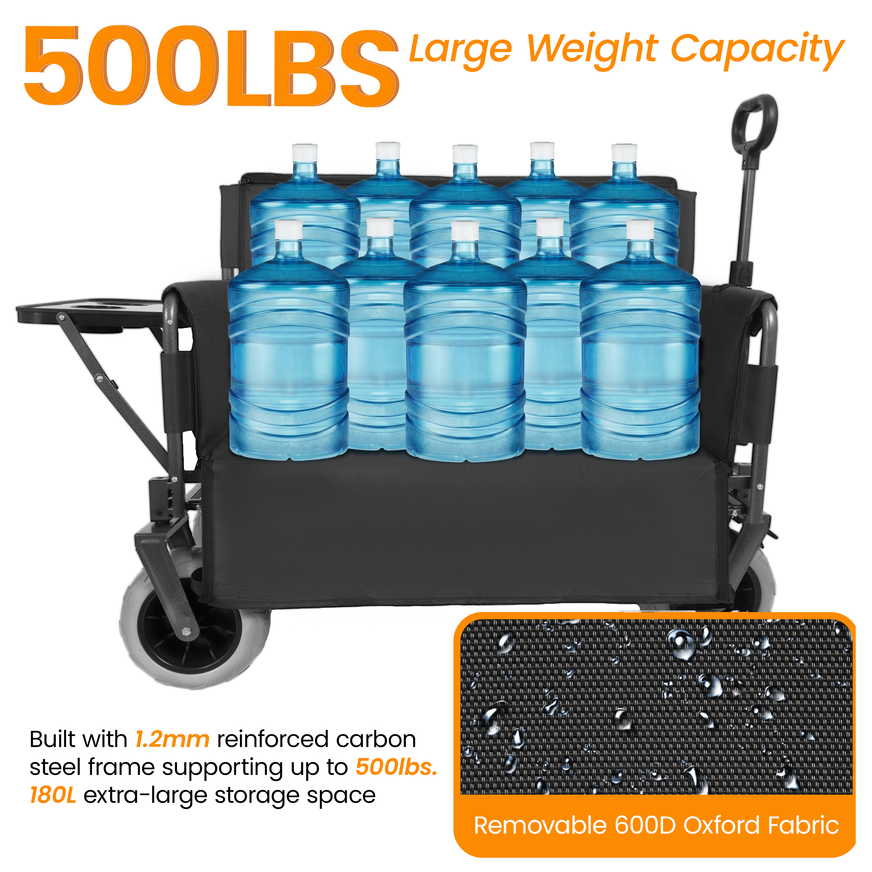 3- In- 1 Collapsible Wagon Converts To Bench Convertible Folding Wagon Cart With Rear- Mounted Folding Tabletop 500lbs Heavy- Duty 180L Capacity For Camping Beach Garden Fishing- Black — imagen 5