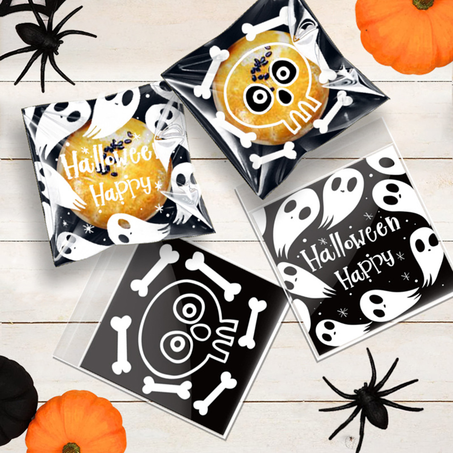 450 bolsas de celofán para dulces de Halloween, autoadhesivas y transparentes, para dulces y galletas, diseño de calabaza, fantasma, gato negro y calavera, bolsas de truco o trato para fiestas de cumpleaños y Halloween — imagen 6