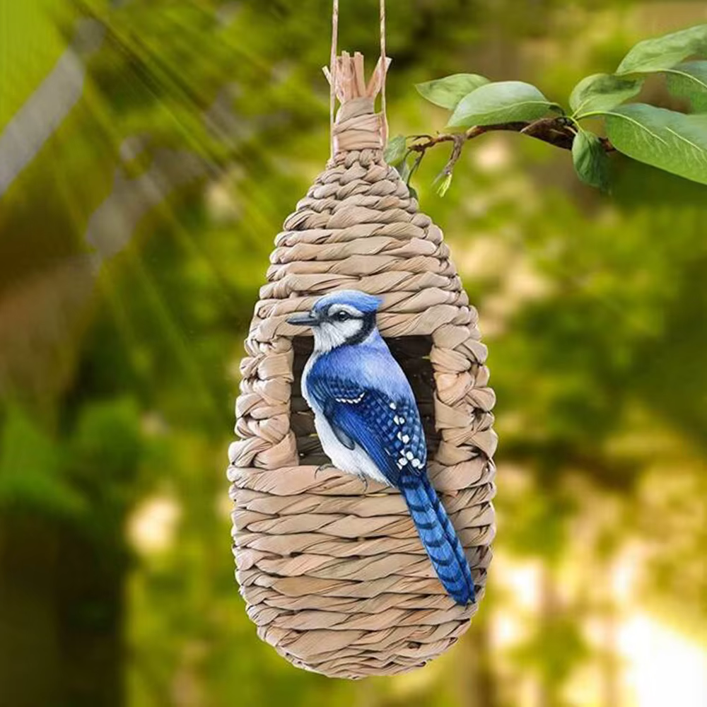 Casa de pájaro artesanal para exterior con diseño tejido creativo para colgar - Nido de pájaros decorativo para jardín — imagen 4