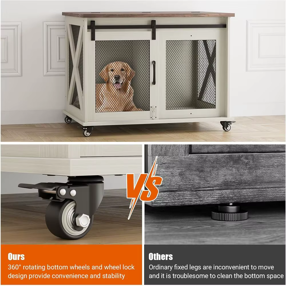 37 Sliding Barn Door Dog Crate Furniture, Wooden Top Kennel End Table, Medium Dog House, Two-Tone Brown & White — image 6