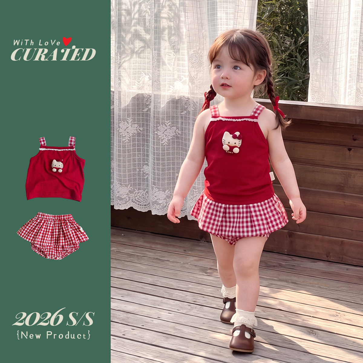 Conjunto de Dos Piezas para Niñas Pequeñas, Top con Cuello de Gato y Falda Plaid — imagen 3