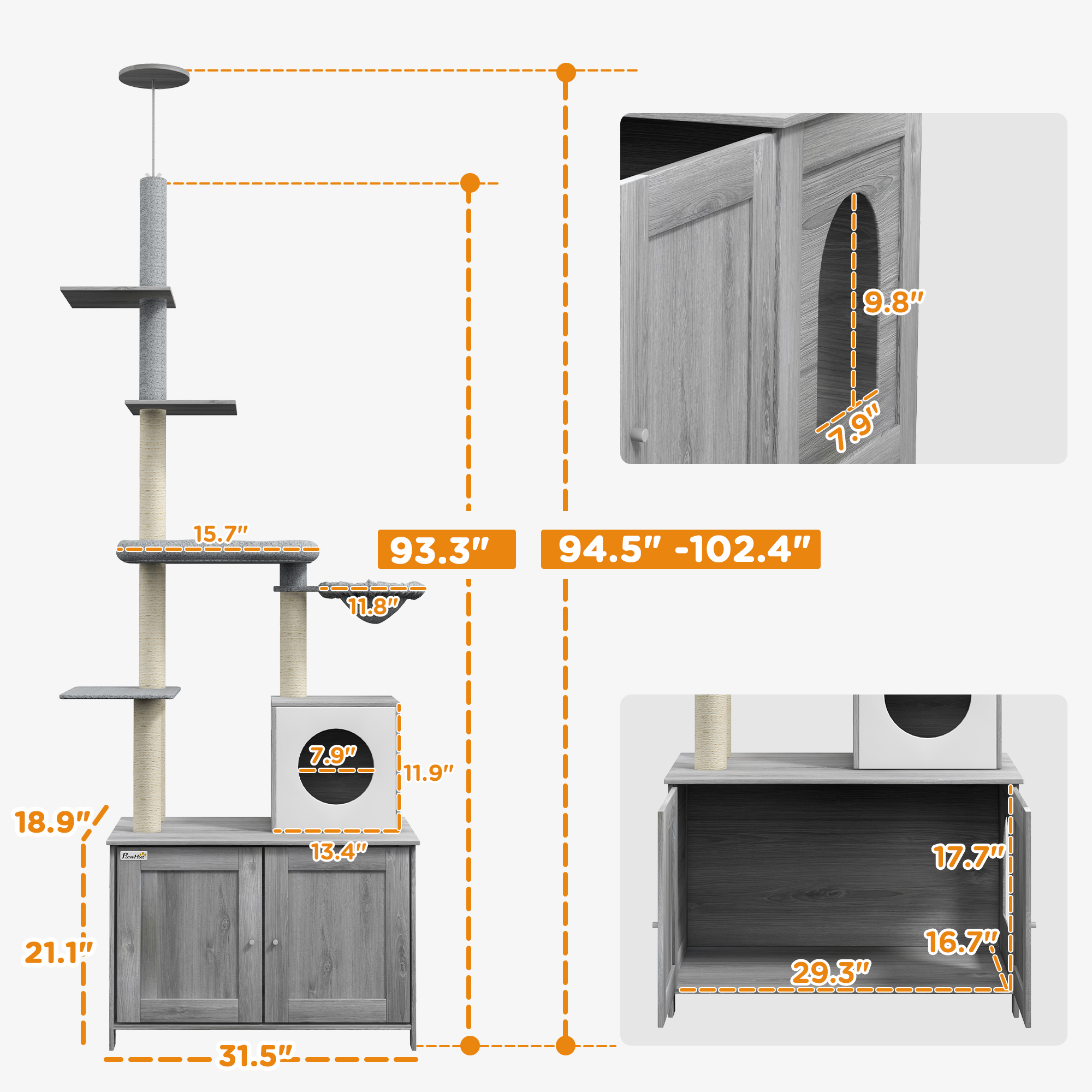 Rascador para Gatos de Piso a Techo 2 en 1 con Caja de Arena Cerrada, Condominio, Cama, Hamaca, Postes Rascadores y Plataformas, Gris — imagen 6