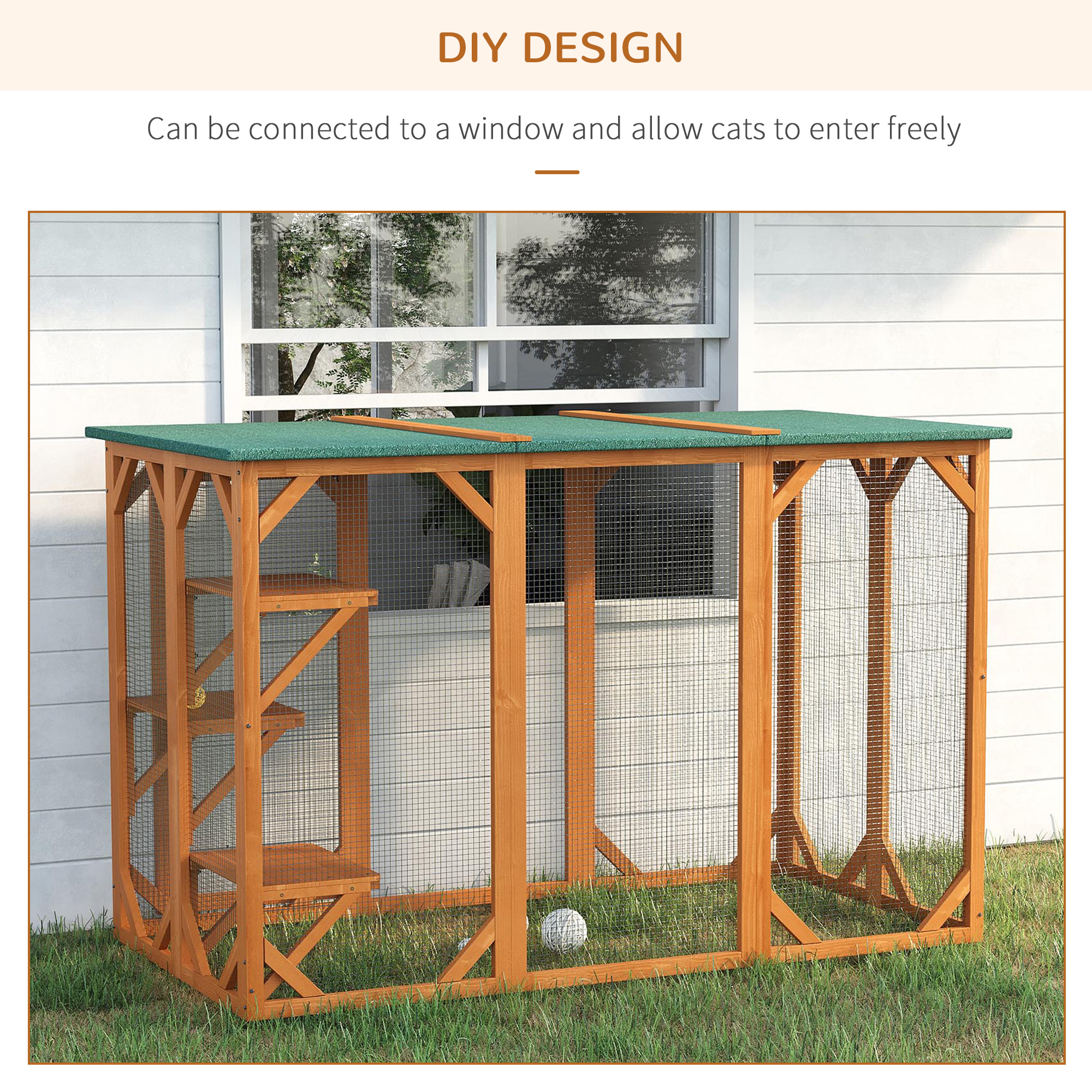 Casa de Perro al Aire Libre, Catio para Gatos Ferales en Madera, Refugio para Gatos con Plataformas, Gran Puerta de Entrada, Protección Climática y Techo de Asfalto, 71" L, Naranja — imagen 2