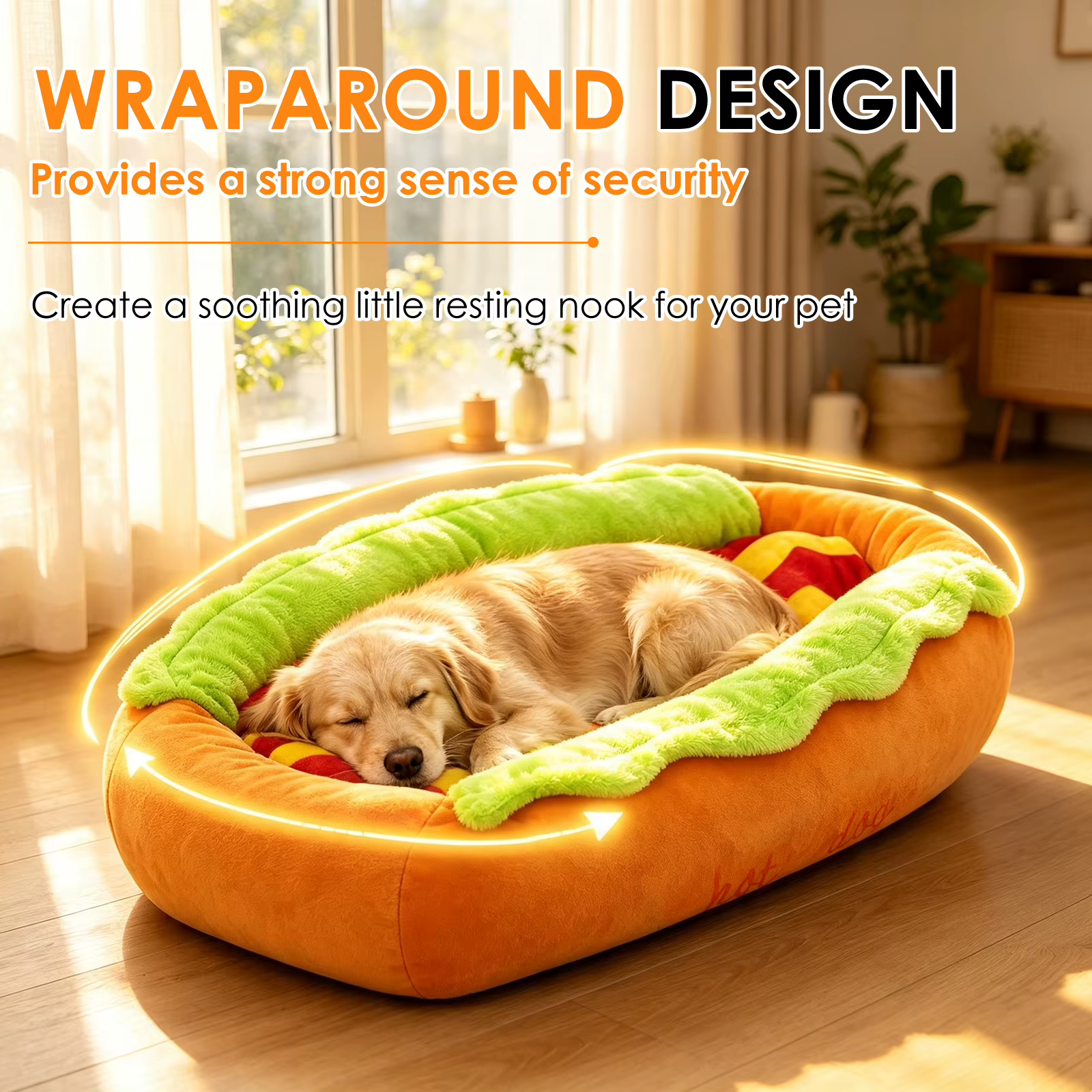Cama para perro con diseño de pan de hot dog, suave, cómoda, con funda exterior desmontable y lavable, antideslizante, sofá para perros, suministros para mascotas — imagen 4