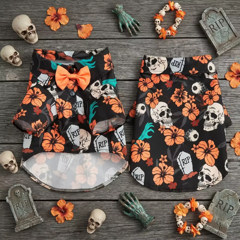 Halloween Dog Shirt Floral Pet Hawaiian Shirt with Bowtie Puppy Clothes Apparel Holiday Party Costume for Small Medium Dogs Cats — image 6