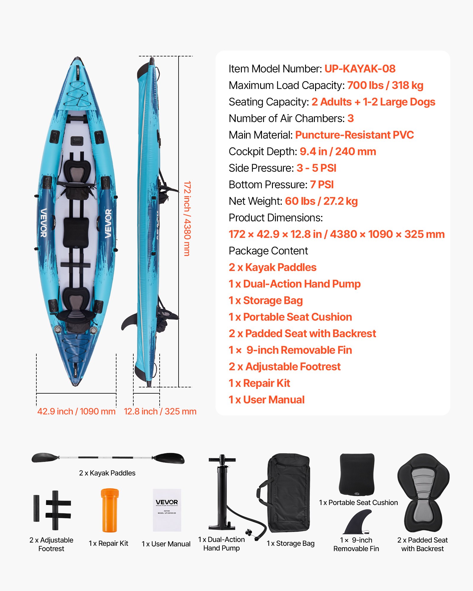 Kayak inflable de 2 personas, Kayak recreativo inflable con capacidad para 700 lbs, Resistente a fugas y agujeros con asiento acolchado, Piso PVC de doble capa, 2 remos, Bomba manual y bolsa de transporte para pesca y camping — imagen 1