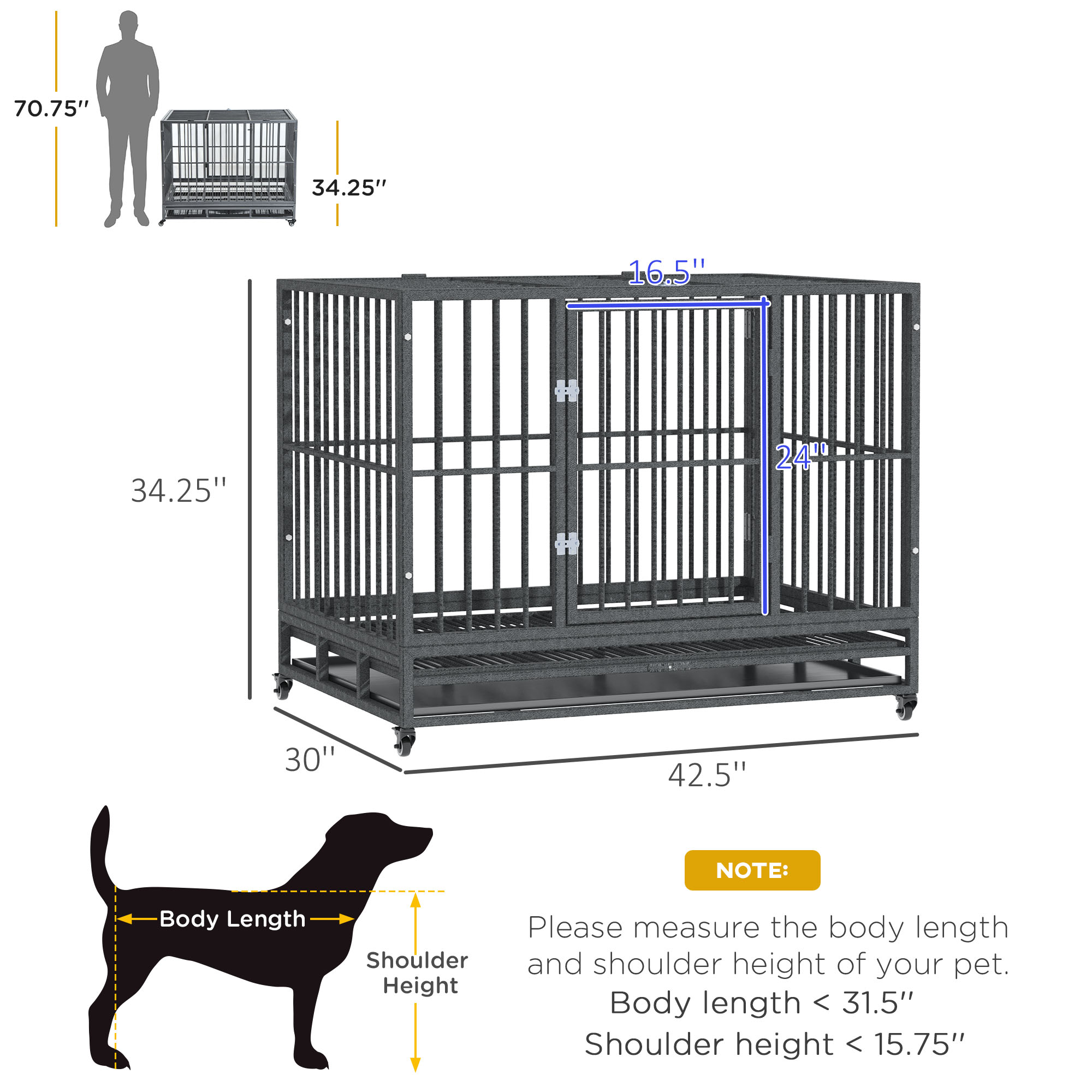 43" Heavy Duty Dog Crate Metal Cage Kennel with Lockable Wheels, Double Door and Removable Tray, Gray — imagen 6