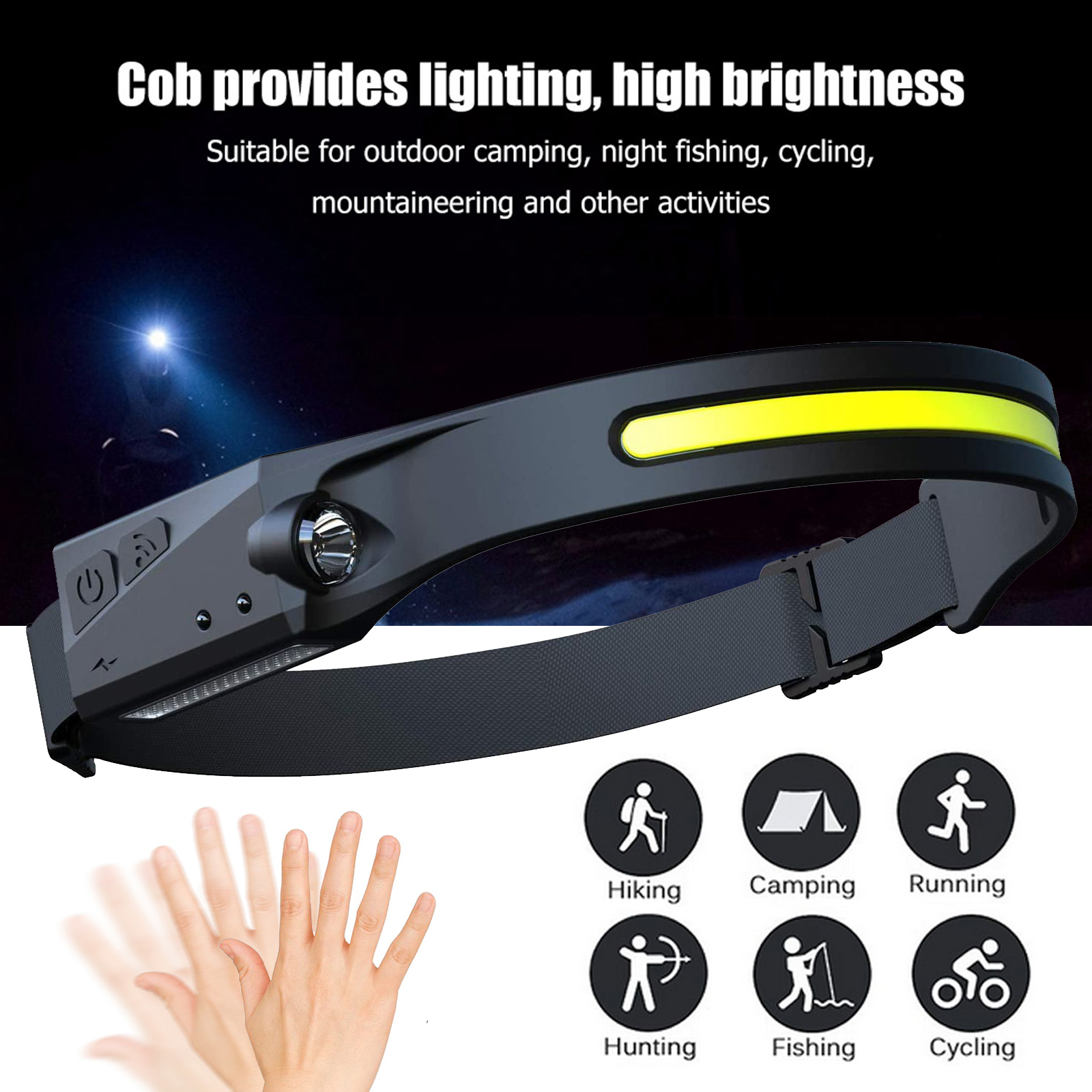 COB LED Inducción Linterna de Cabeza para Montar con Batería Recargable USB Resistente al Agua para Camping y Caza con Visión Total — imagen 1