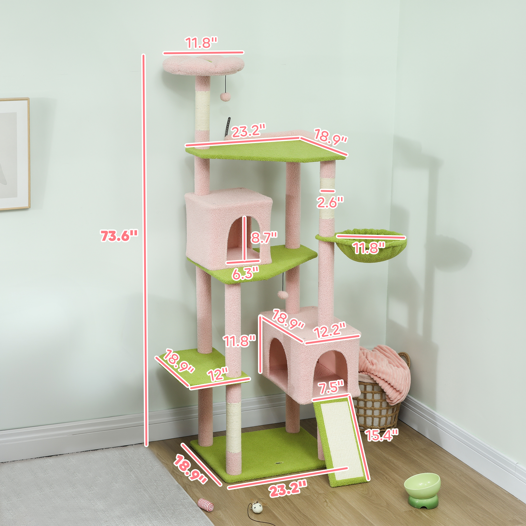 Árbol de Gatos Florido 74", Torre para Gatos Grande con Palo de Rastrillado y Tablero para Interior, Rosa — imagen 2