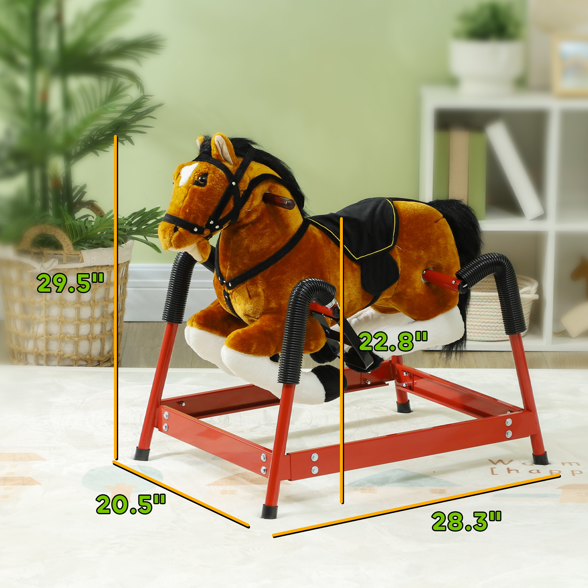 Spring Rocking Horse, Kids Ride On Horse, Plush Horse Ride-on W/ Sounds & Foot Stirrups For Kids 3-8 Years, Brown — image 2