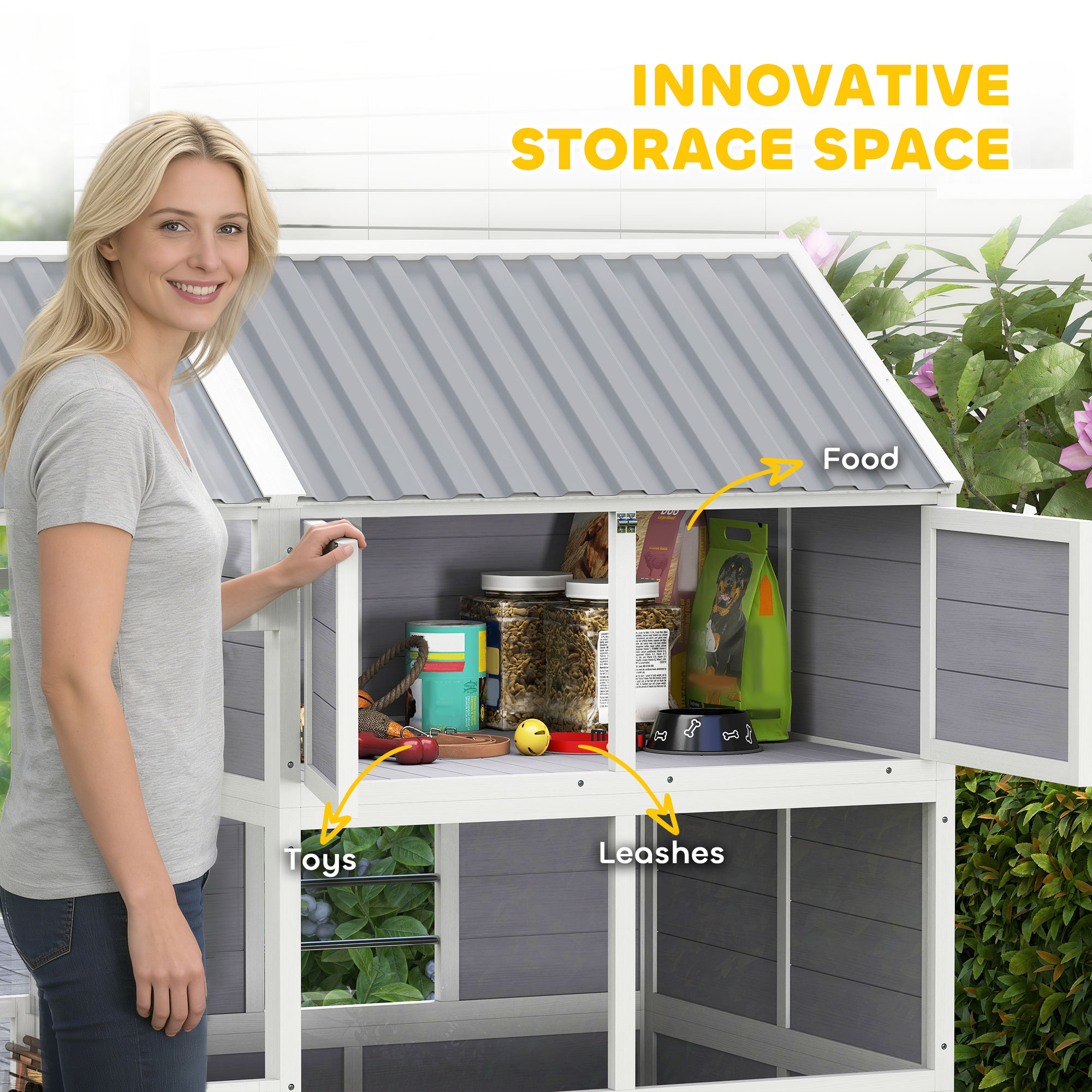 L Large Dog House Outdoor, Wooden Dog Kennel with Porch, Storage Cabinet, Weatherproof Roof, Windows — image 5
