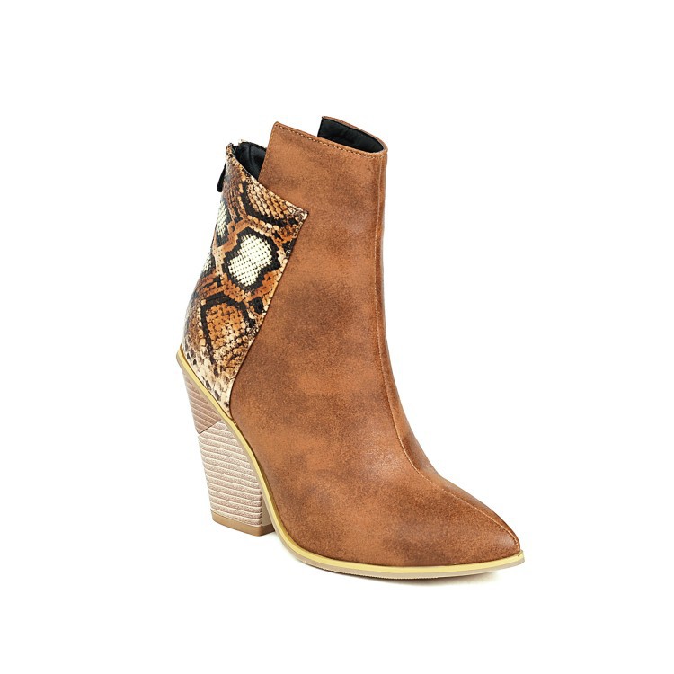 40-48 Coffee Rain Women's Boots Snake Print Colorblock High Heel Ladies Short Boots — image 7