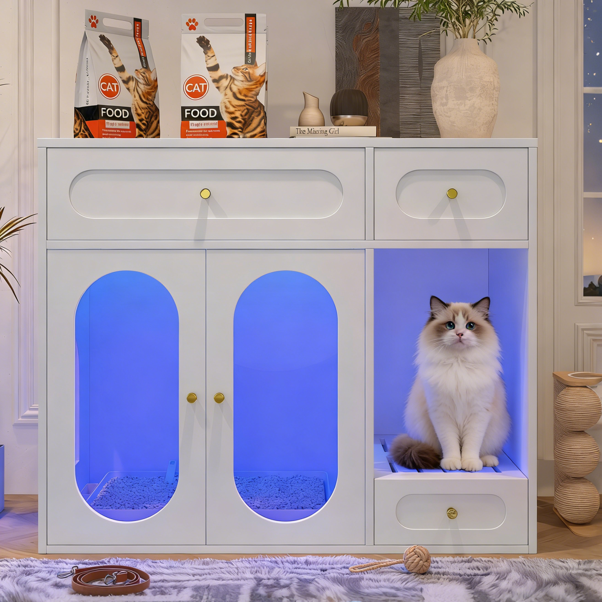 Caja de Limpieza para Gatos con Luz LED, Estante Oculto con Cajas de Almacenamiento, Adecuado para la Mayoría de las Cajas de Arena, Casa de Mascota Interior con Puertas Acrílicas, Mesa de Viva para Salón, Blanco — imagen 3