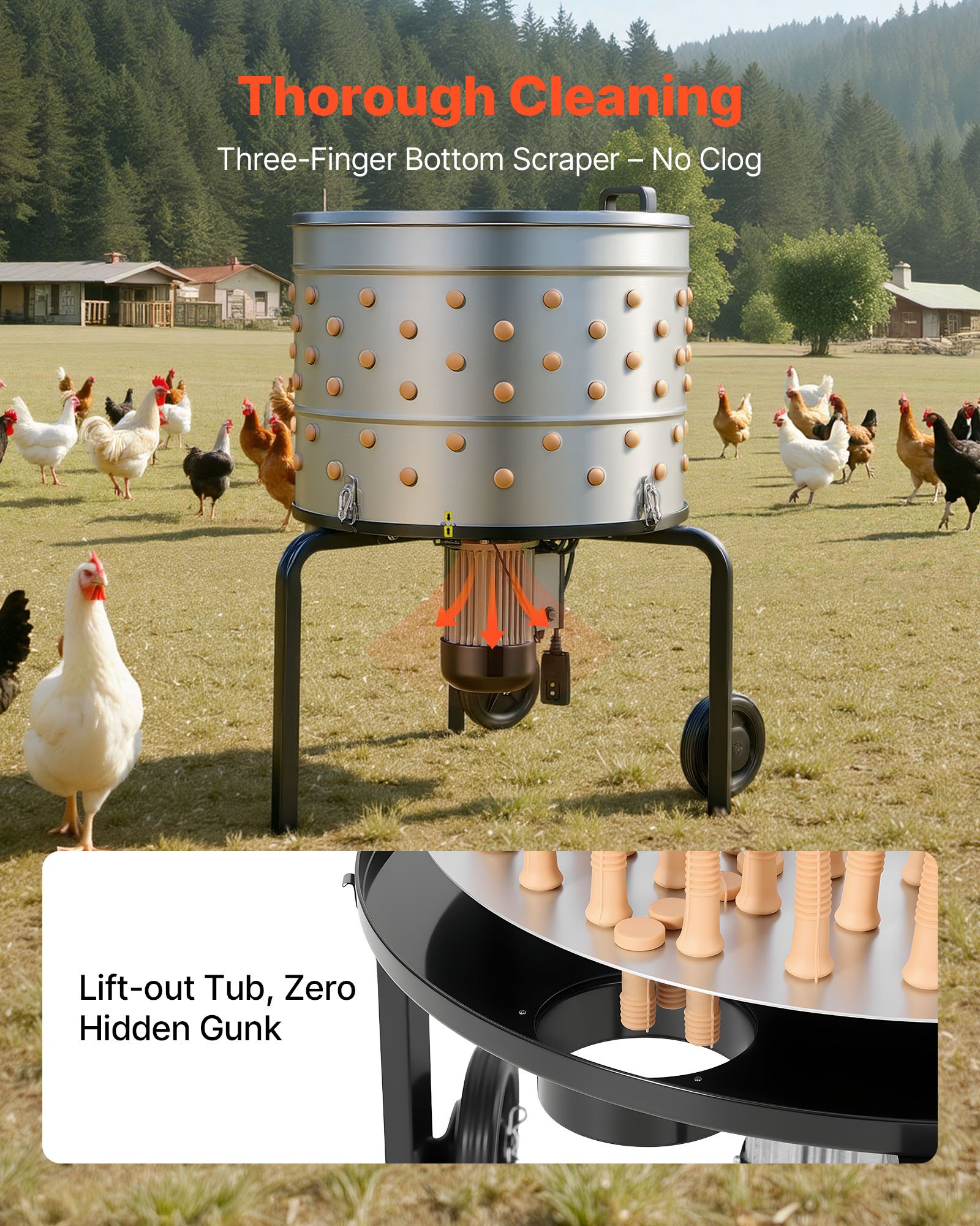 Máquina de Arrancador de Piojos de Pollo, 25.6'' Cilindro, 1200W y 275RPM - Arranca Plumas Eléctrico con 158 Dedos Blandos y Ruedas de Transporte para Carne de Pollo — imagen 2