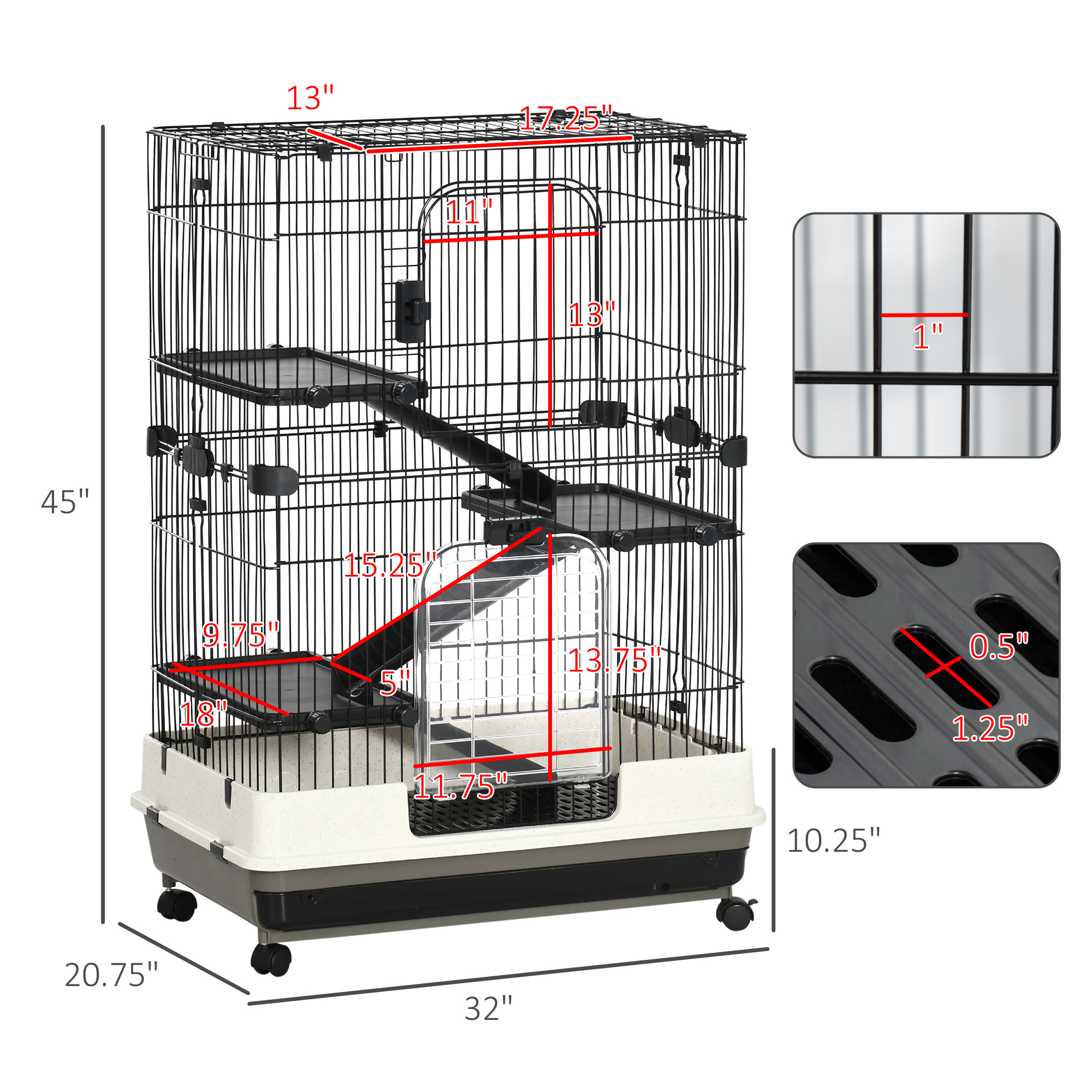 Caja para Pequeños Animales L de 4 Niveles con Ruedas Universales Bloqueables, Plataforma Deslizante para Conejos, Chinches y Ferretes, Negro — imagen 7