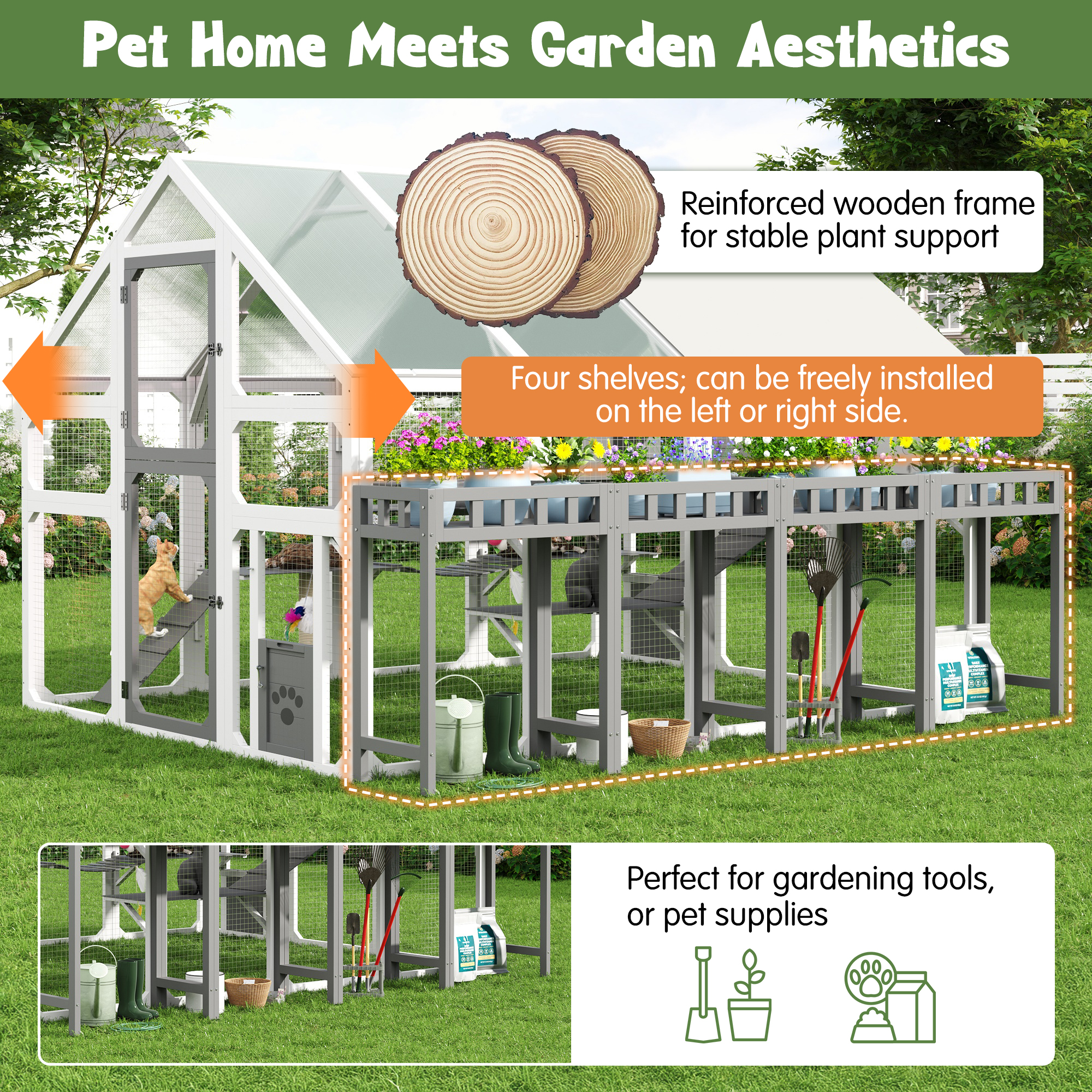 Large Outdoor Cat House With Planter Stand, Wooden Cat Enclosure With Resting Boxes For Multiple Kittens, Hanging Bridge, Platforms, Walk-In Catio Cage With Waterproof Proof Cover — imagen 4