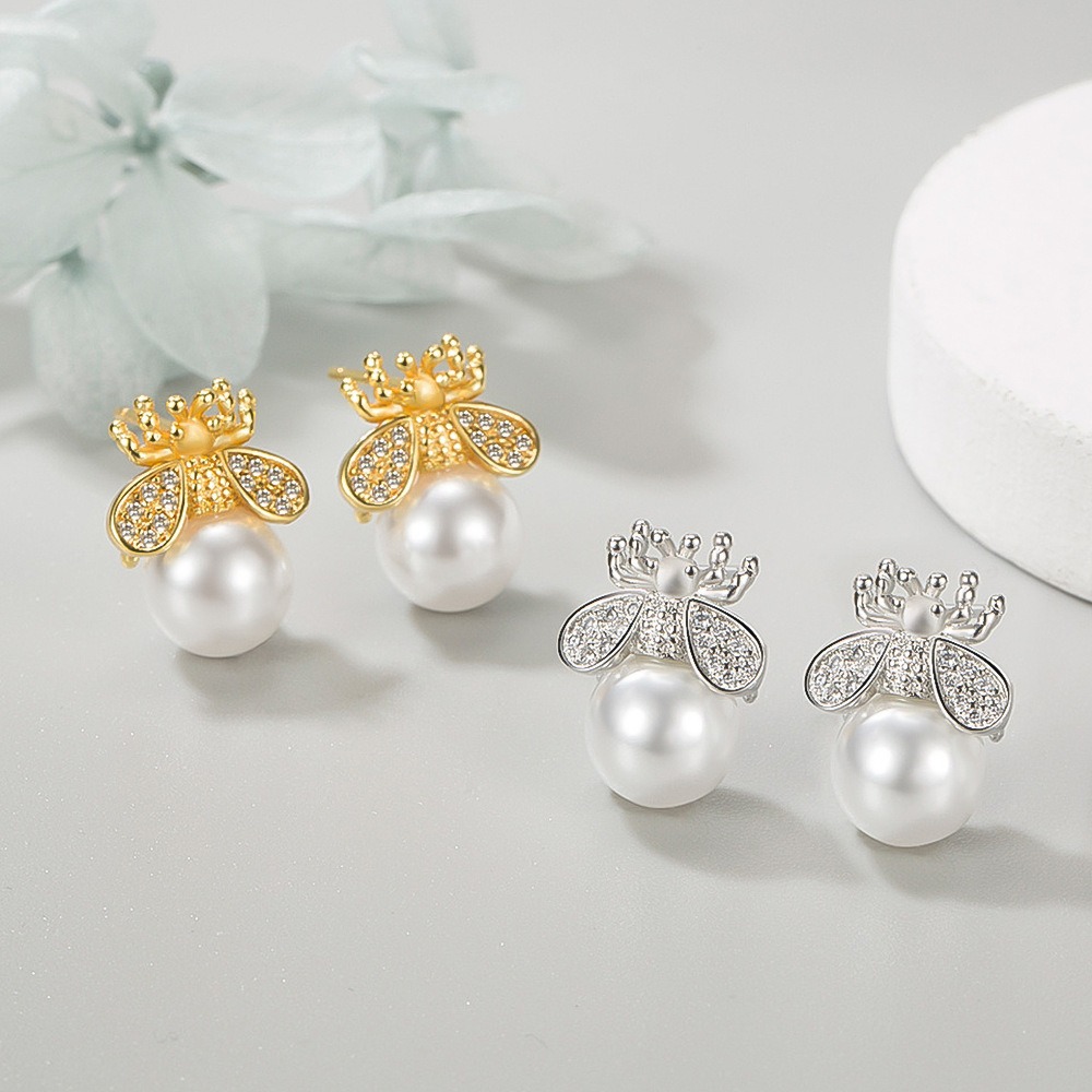 S925 new bee pearl earrings light luxury temperament freshwater earrings for women simple gold fashion personality — image 6